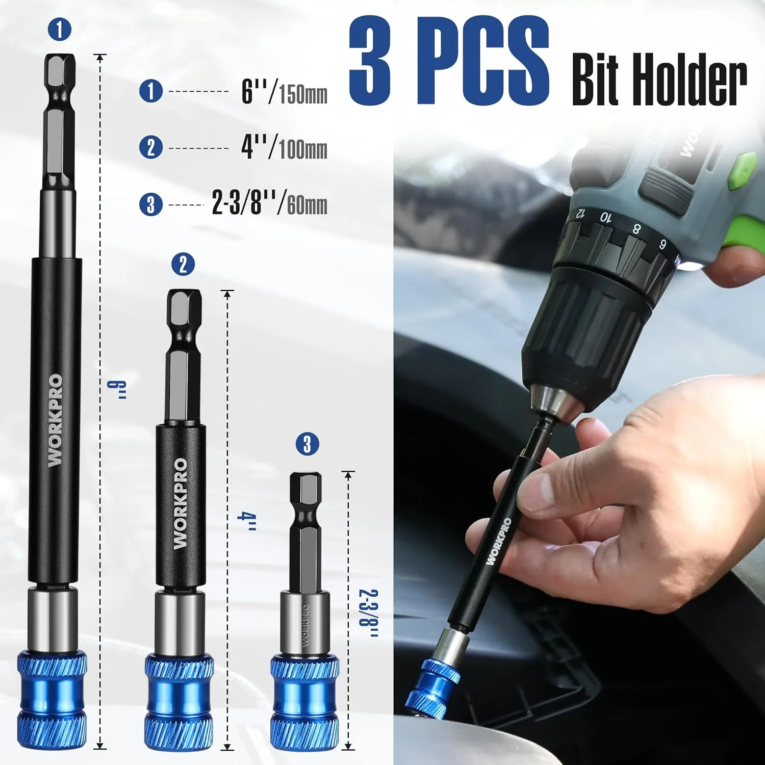 WORKPRO Drill Bit Extension Set, 3Pcs Magnetic Drill Screwdriver Bit Holder Extender with Aluminum Sleeve, 1/4 Inch Hex Quick Release Bit Holder for Drill in 2-3/8", 4", 6" - Image 3