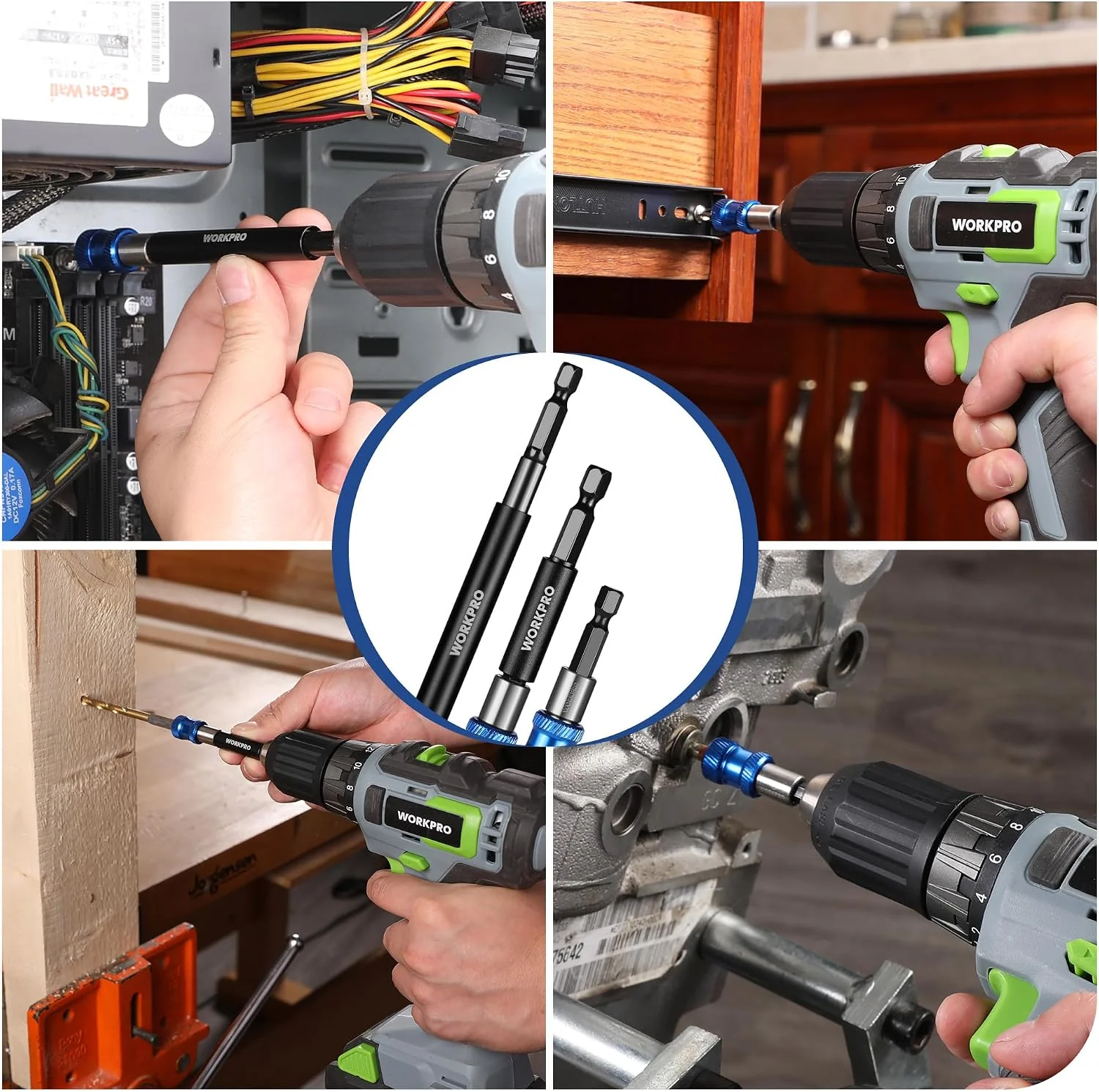 WORKPRO Drill Bit Extension Set, 3Pcs Magnetic Drill Screwdriver Bit Holder Extender with Aluminum Sleeve, 1/4 Inch Hex Quick Release Bit Holder for Drill in 2-3/8", 4", 6" - Image 8