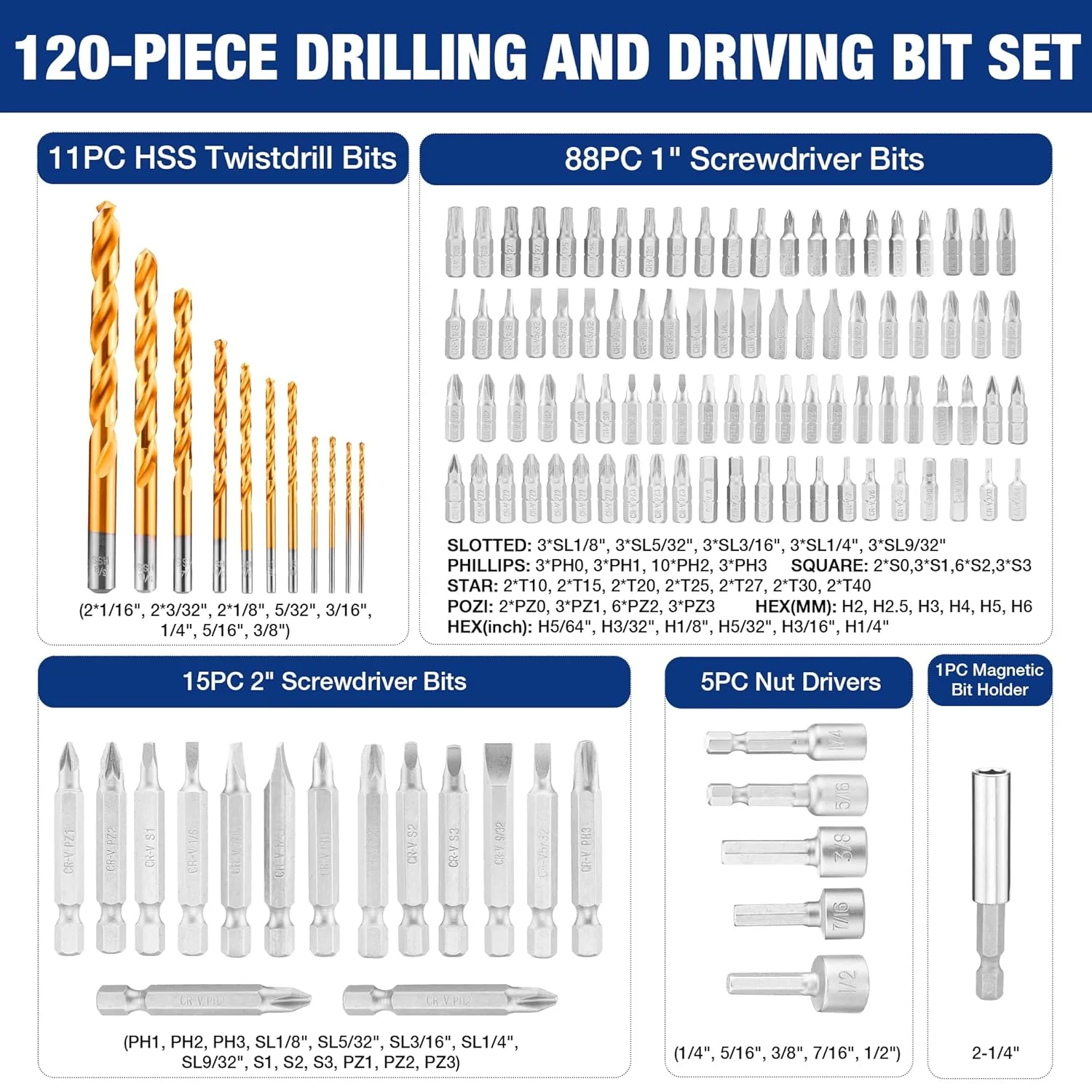 WORKPRO Drill Bit Set, 120-Pieces Impact Driver Bits Set and Screwdriver Bits Set for Screw Driving and Wood Metal Drilling with Storage Case, 1/4" Hex Shank - Image 2