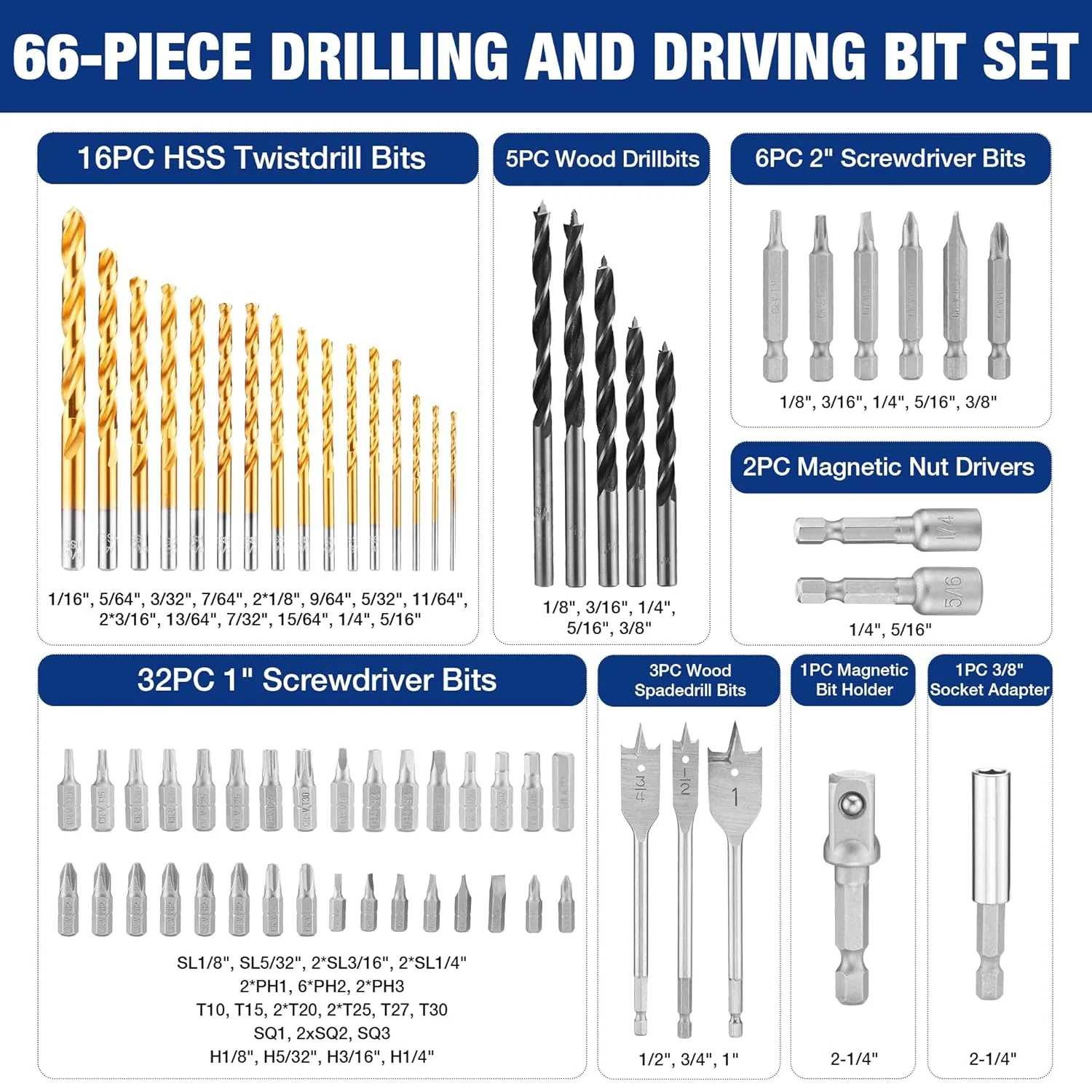 WORKPRO Drill Bit Set, 66-Pieces Impact Driver Bits Set and Screwdriver Bits Set for Screw Driving and Wood Metal Drilling with Storage Case, 1/4" Hex Shank - Image 2