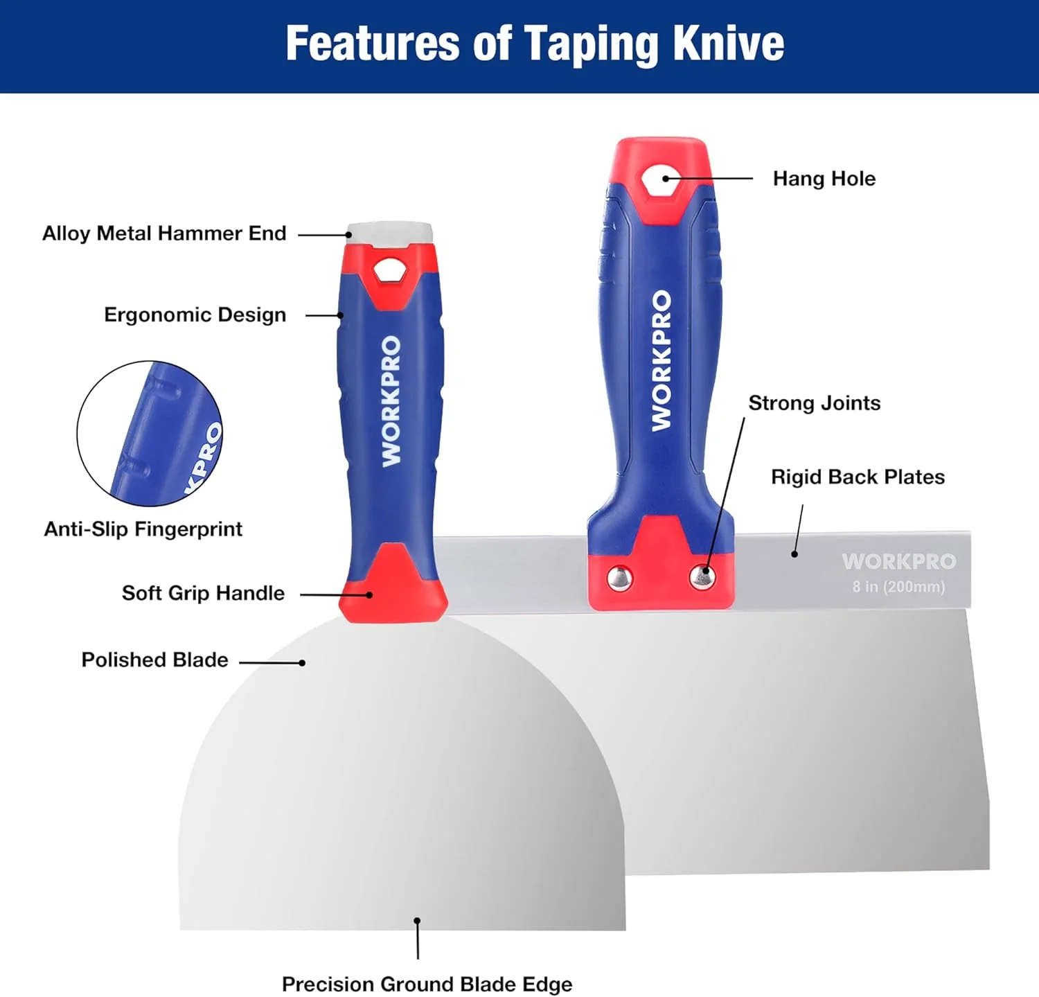 WORKPRO Drywall Tools, Stainless Steel Putty Knife Taping Knife 8 in 1 Painting Scraper with Mud Pan, Spackle Knife Set for Drywall Repairing, Paint Scraping and Wallpaper Removing - Image 3