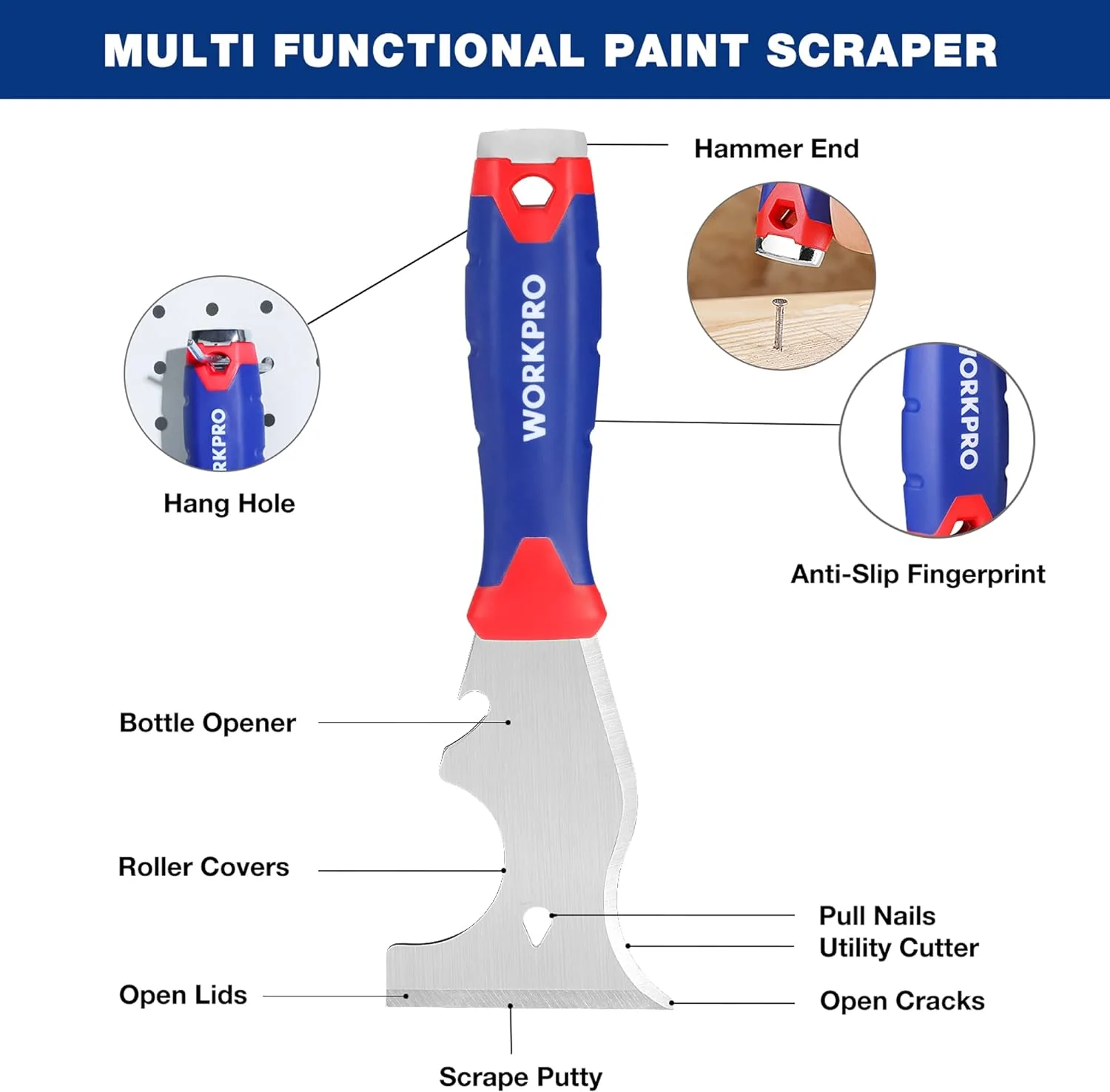 WORKPRO Drywall Tools, Stainless Steel Putty Knife Taping Knife 8 in 1 Painting Scraper with Mud Pan, Spackle Knife Set for Drywall Repairing, Paint Scraping and Wallpaper Removing - Image 4
