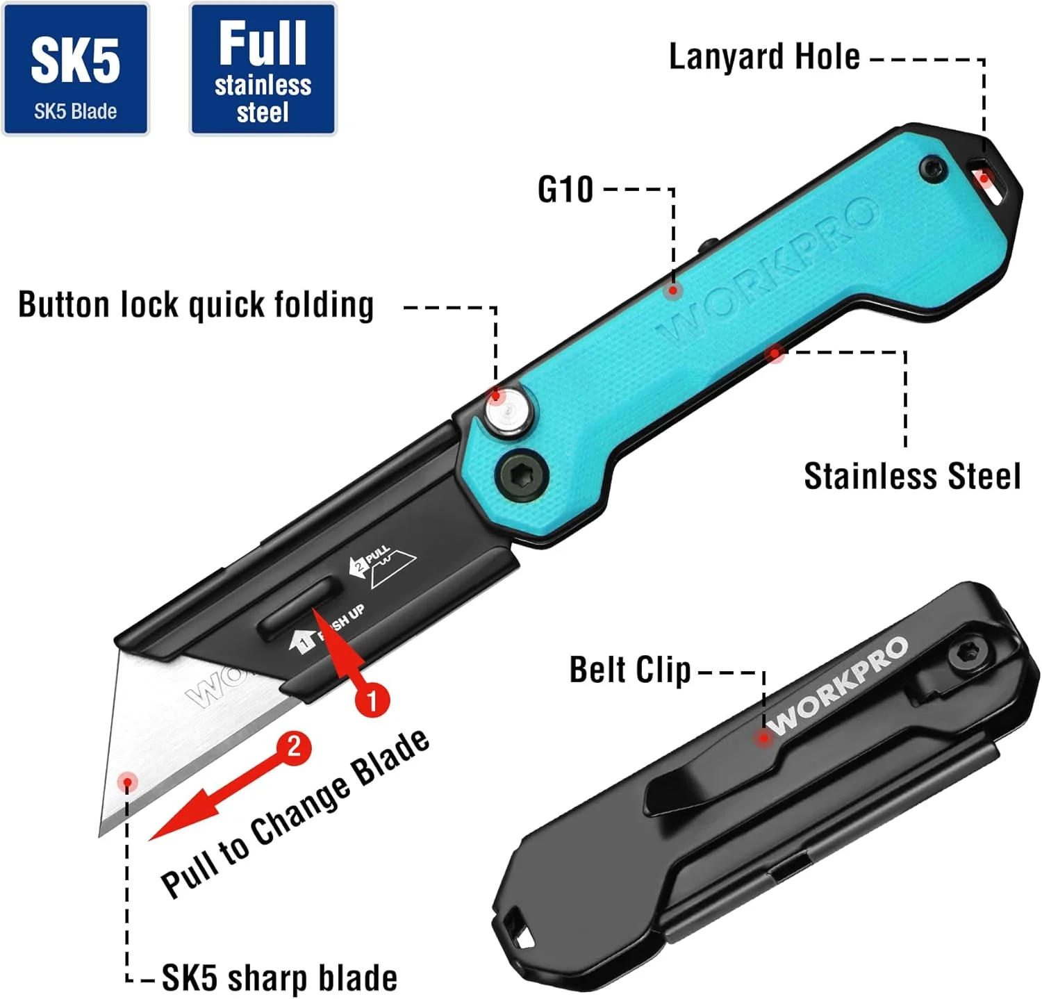 WORKPRO EDC Folding Utility Knife, Mini Box Cutter with Quick Open Axis Lock, Quick Change Blade Razor Knife, Foldable Small Pocket Knife with Belt Clip - Image 3