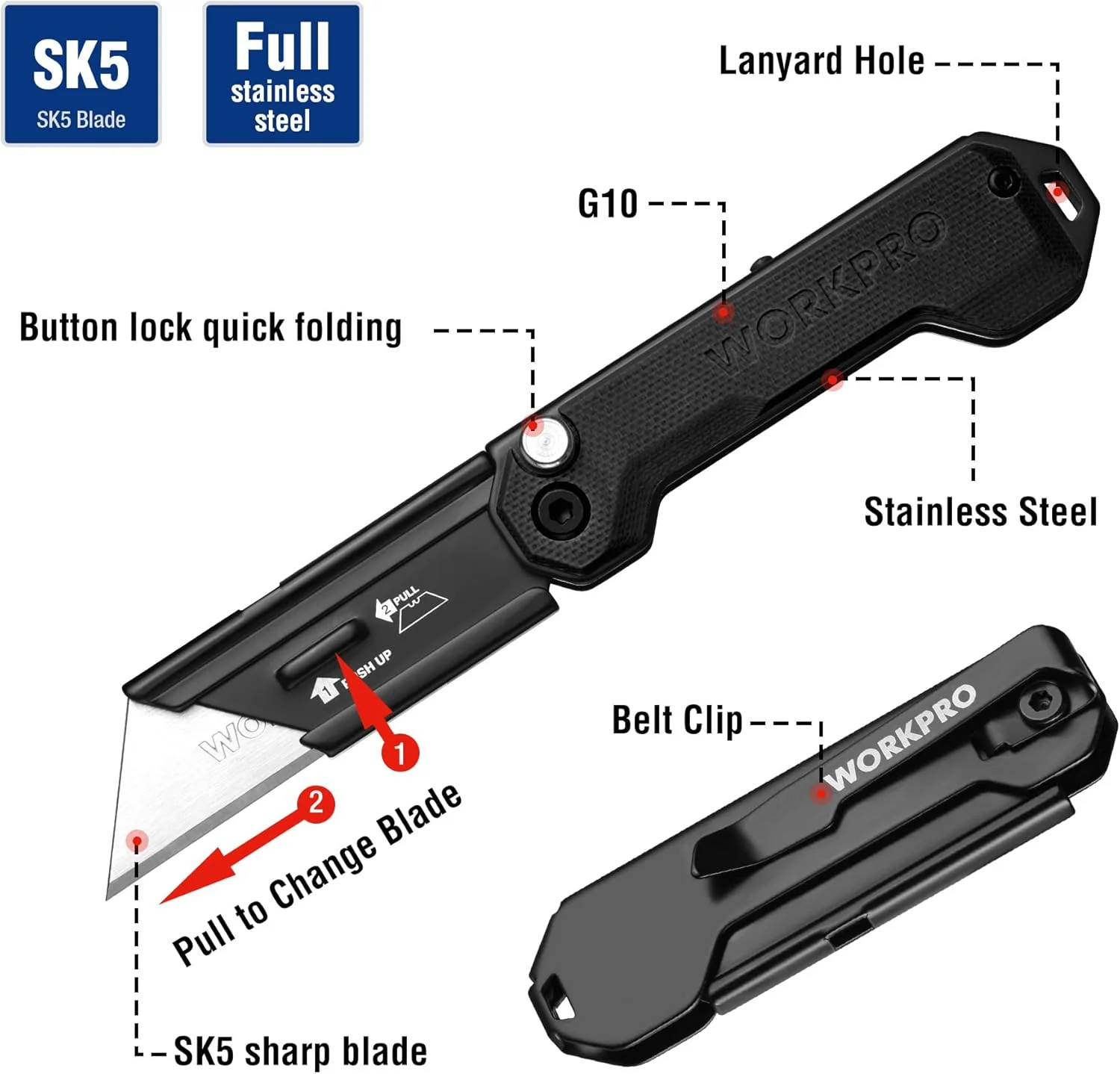 WORKPRO EDC Folding Utility Knife, Mini Box Cutter with Quick Open Axis Lock, Quick Change Blade Razor Knife, Foldable Small Pocket Knife with Belt Clip - Image 3