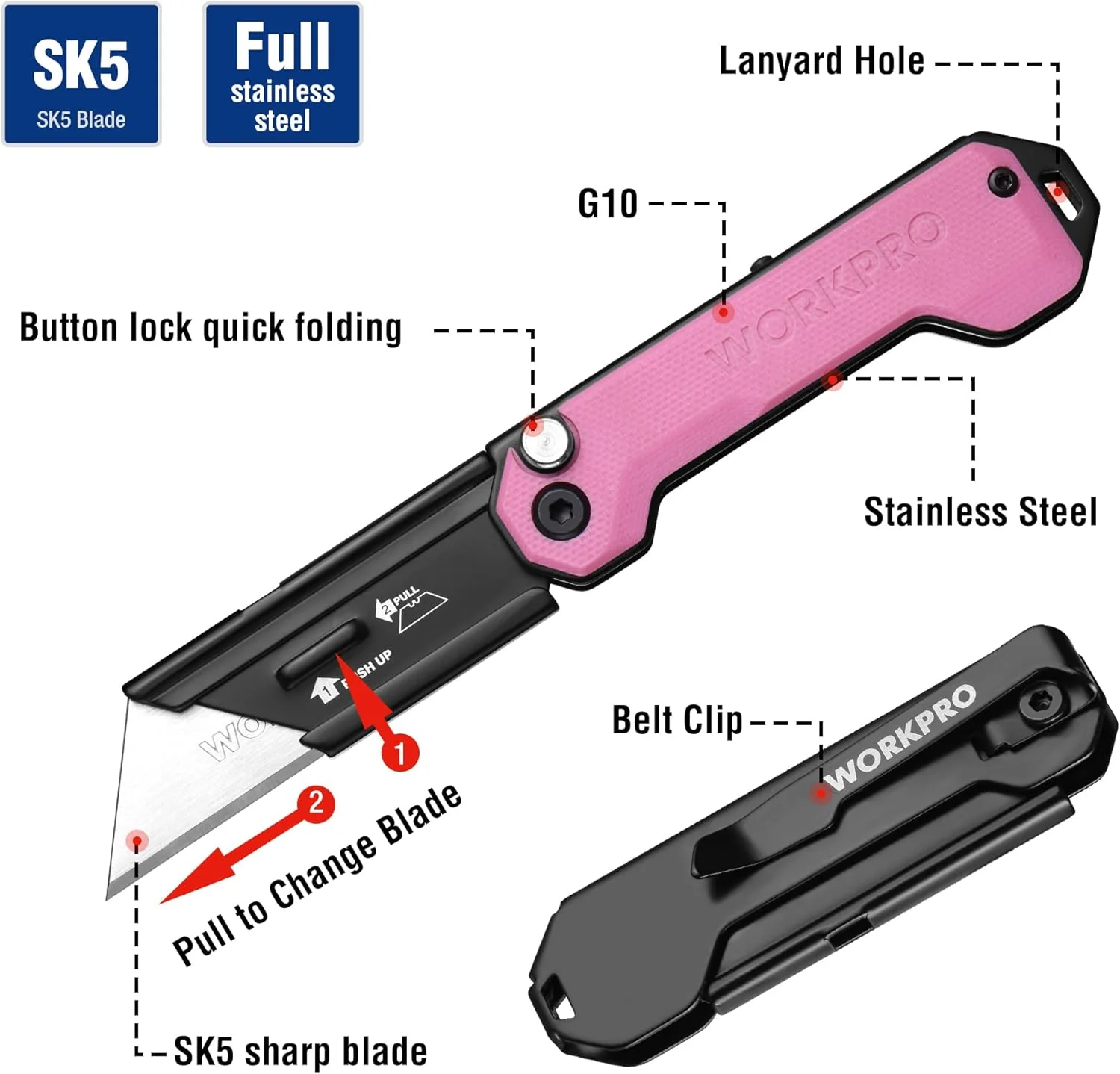 WORKPRO EDC Folding Utility Knife, Mini Box Cutter with Quick Open Axis Lock, Quick Change Blade Razor Knife, Foldable Small Pocket Knife with Belt Clip - Image 3