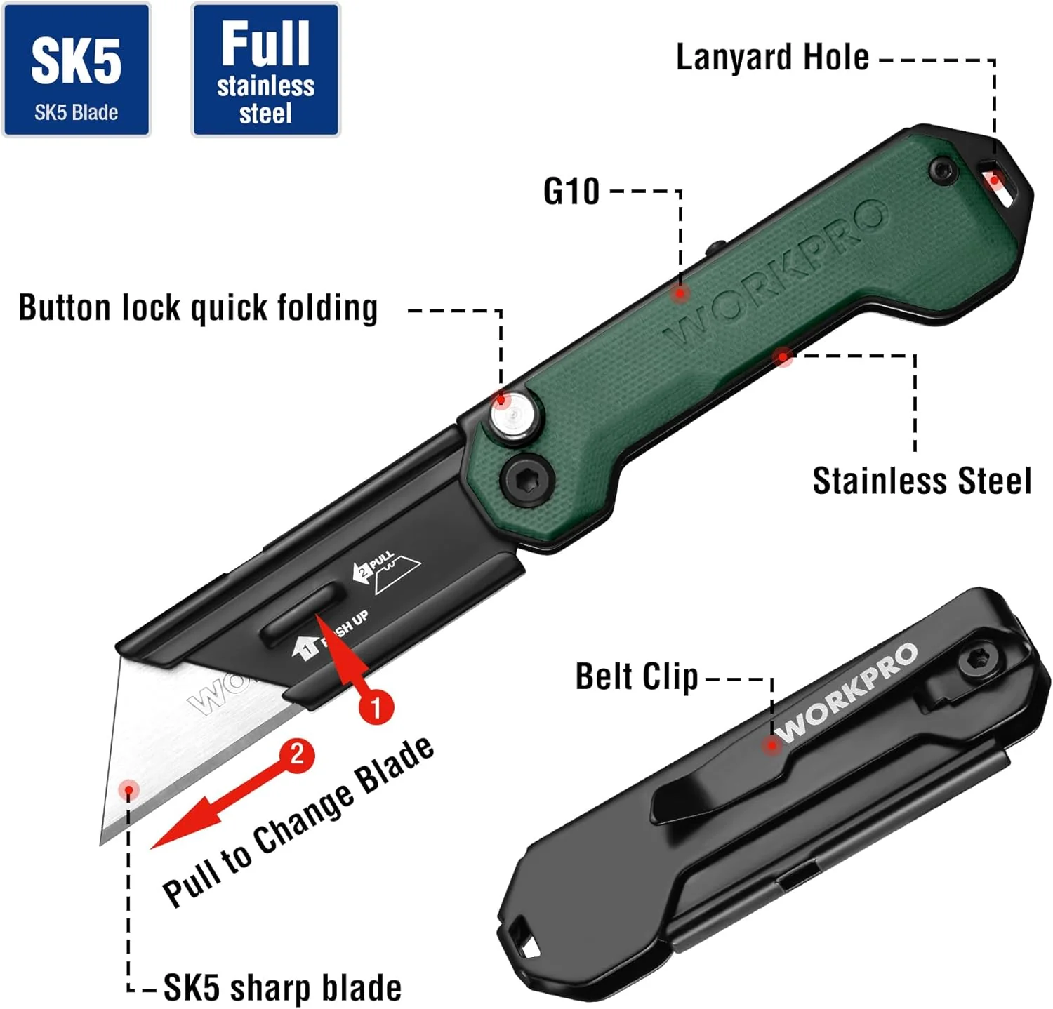 WORKPRO EDC Folding Utility Knife, Mini Box Cutter with Quick Open Axis Lock, Quick Change Blade Razor Knife, Foldable Small Pocket Knife with Belt Clip - Image 3