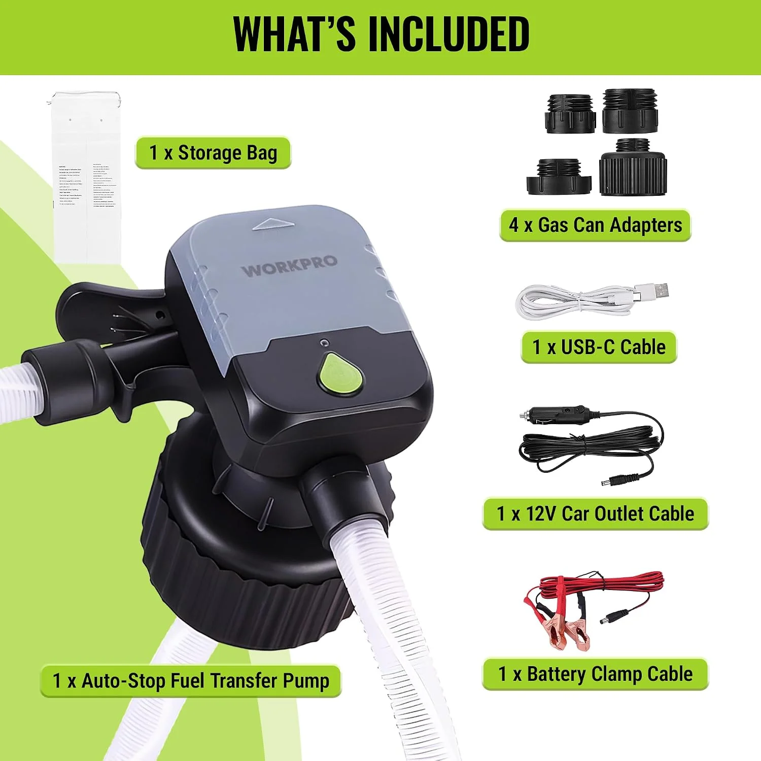 WORKPRO Electric Fuel Transfer Pump with Auto-Stop, 3.8 GPM Gas Can Pump with 4 Power Options & 4 Size Adapters, 51" Extra Long Hose, One-Button Control, Leak Protection for Oil, Diesel and Gasoline - Image 6