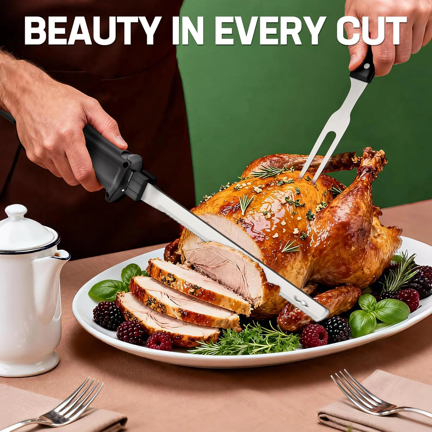 WORKPRO Electric Knife for Meat Slicing, Cordless Electric Carving Knife for Turkey, Fish & Bread, Two Stainless Steel Blades, Ergonomic Handle, Storage Case & Serving Fork Included, Black - Image 2