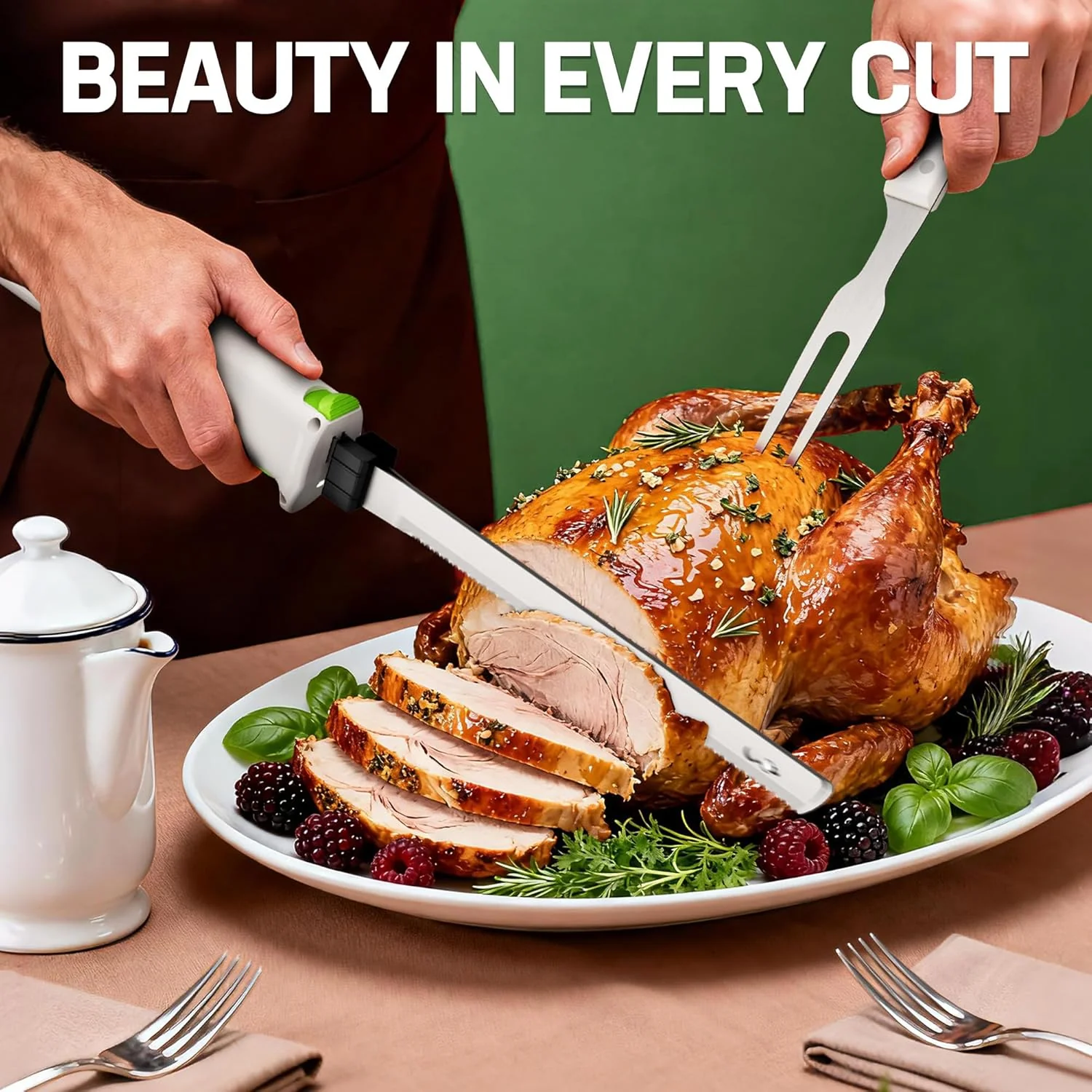 WORKPRO Electric Knife for Meat Slicing, Cordless Electric Carving Knife for Turkey, Fish & Bread, Two Stainless Steel Blades, Ergonomic Handle, Storage Case & Serving Fork Included, White - Image 2