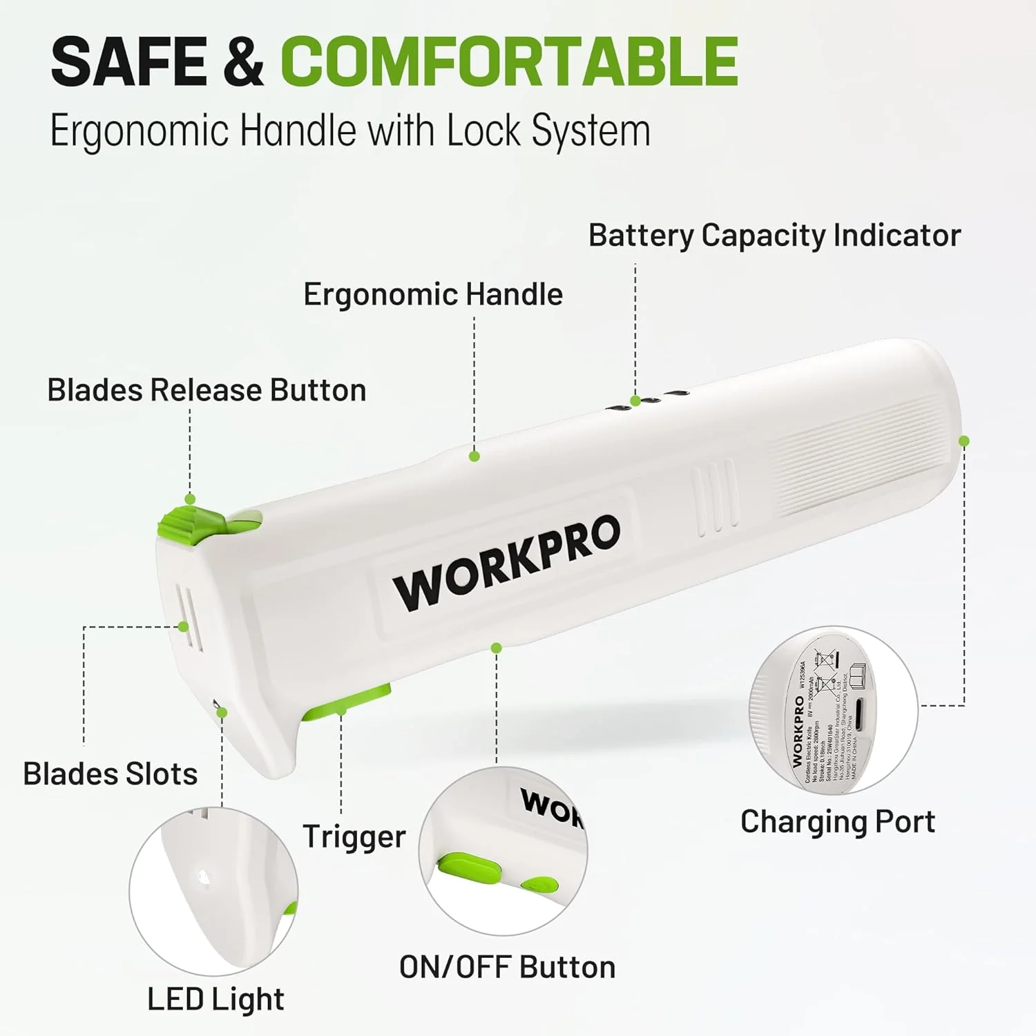 WORKPRO Electric Knife for Meat Slicing, Cordless Electric Carving Knife for Turkey, Fish & Bread, Two Stainless Steel Blades, Ergonomic Handle, Storage Case & Serving Fork Included, White - Image 7
