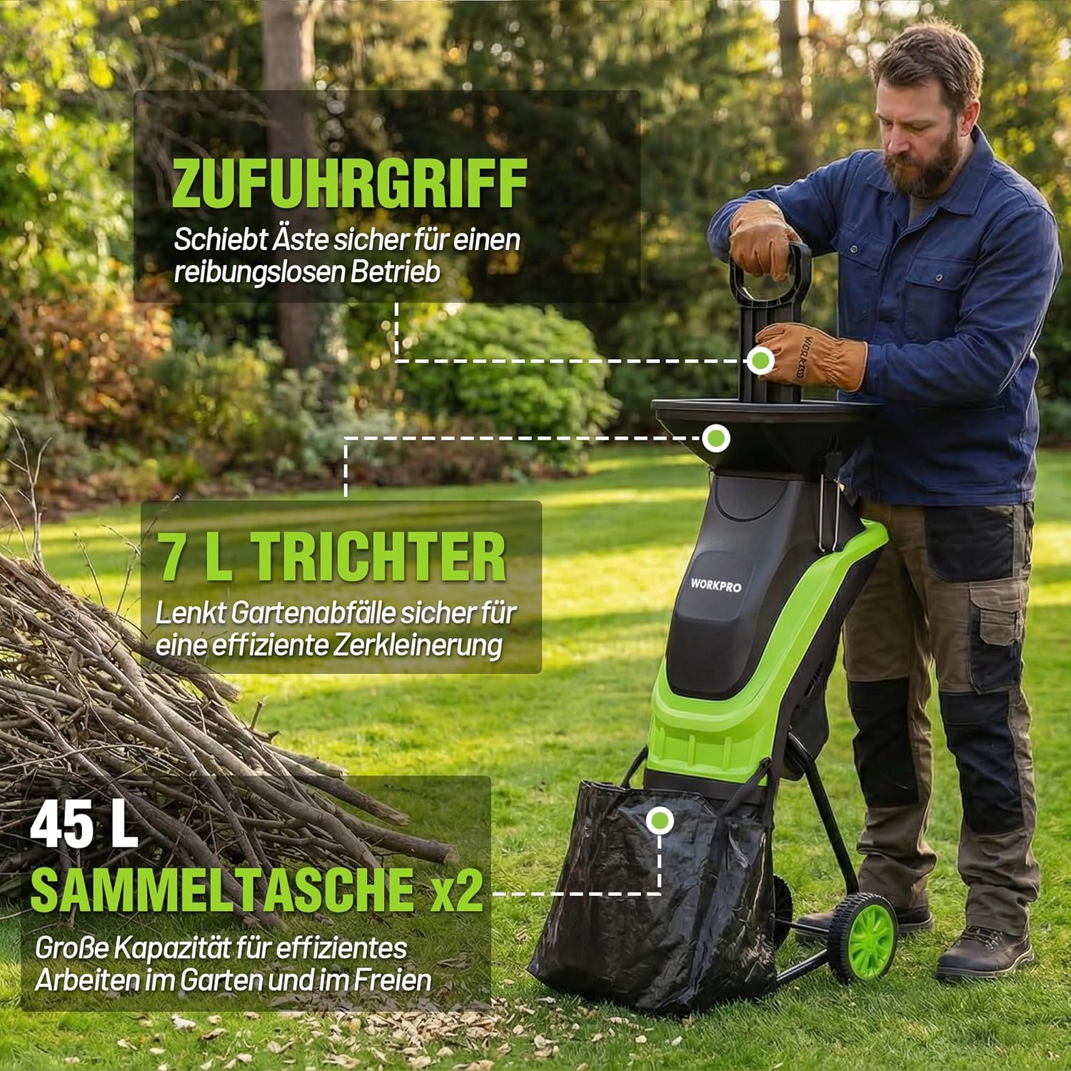 WORKPRO Elektrischer Gartenhäcksler mit Gartenschere - Image 6