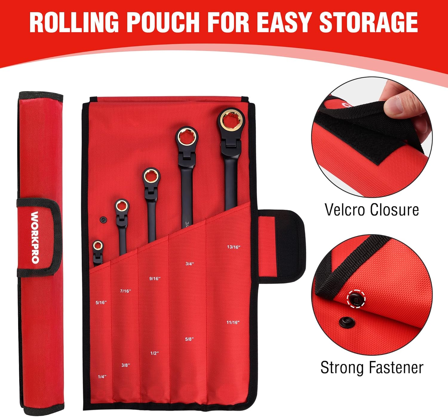 WORKPRO Extra Long Flex-Head Ratcheting Wrench Set, 5-piece Anti-Slip Double Box Wrenches Set, SAE 1/4-13/16 mm, 72-Teeth, Cr-V Steel and Black Electrophoretic Coating Wrenches with Rolling Pouch - Image 6