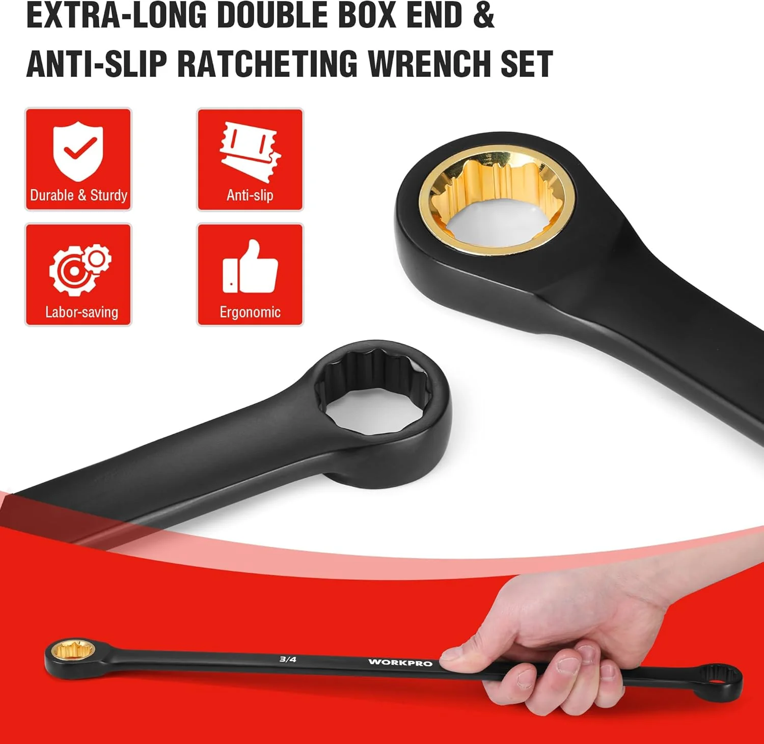 WORKPRO Extra Long Ratcheting Wrench Set, 9-Piece Anti-Slip Double Box Wrenches Set, SAE 5/16-3/4 in, 72-Teeth, Cr-V Steel and Black Electrophoretic Coating Wrenches with Rolling Pouch - Image 5