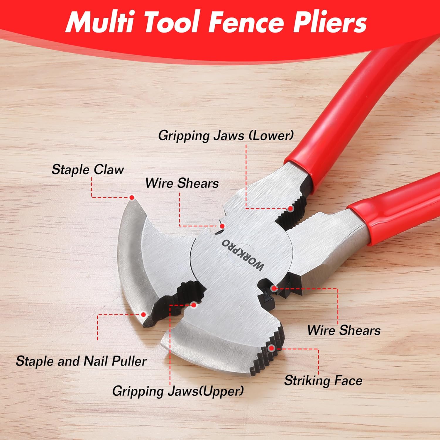 WORKPRO Fencing Pliers, 10-inch Multi Fence Pliers Tool, Heavy Duty Fencing Tools, Barbed Wire Fence Tools, Fence Cutter, Nail Puller, Staple Puller, Cutting Wire, Hammer Head - Image 3