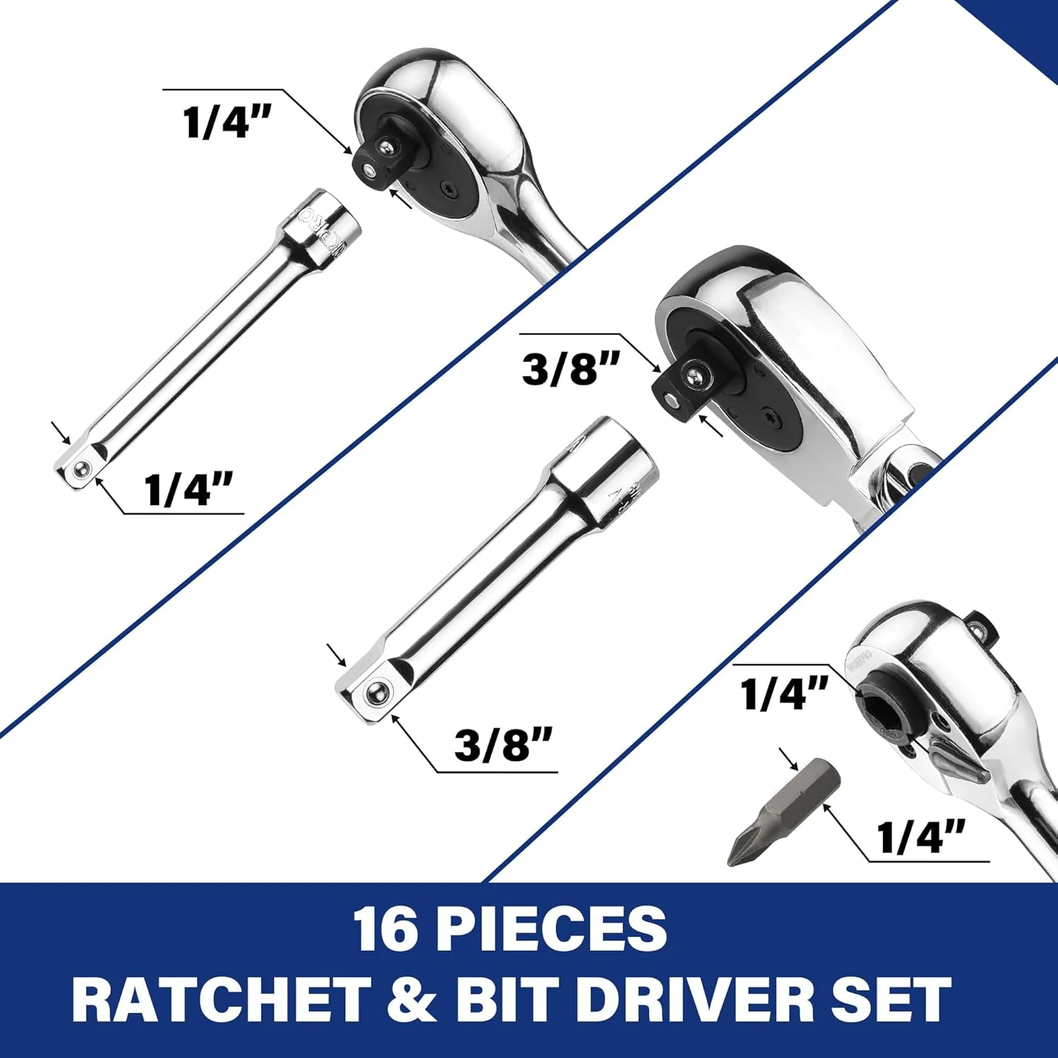 WORKPRO Flex Head Stubby Ratchet & Bit Driver Set 16 PCS, 1/4", 3/8" Drive Ratchet Handle Wrench, 72-T Quick-Release Reversible Socket Wrench, 2 Socket Adapters, 2 Extension Bars, 10 PCS 1/4" Hex Bits - Image 2
