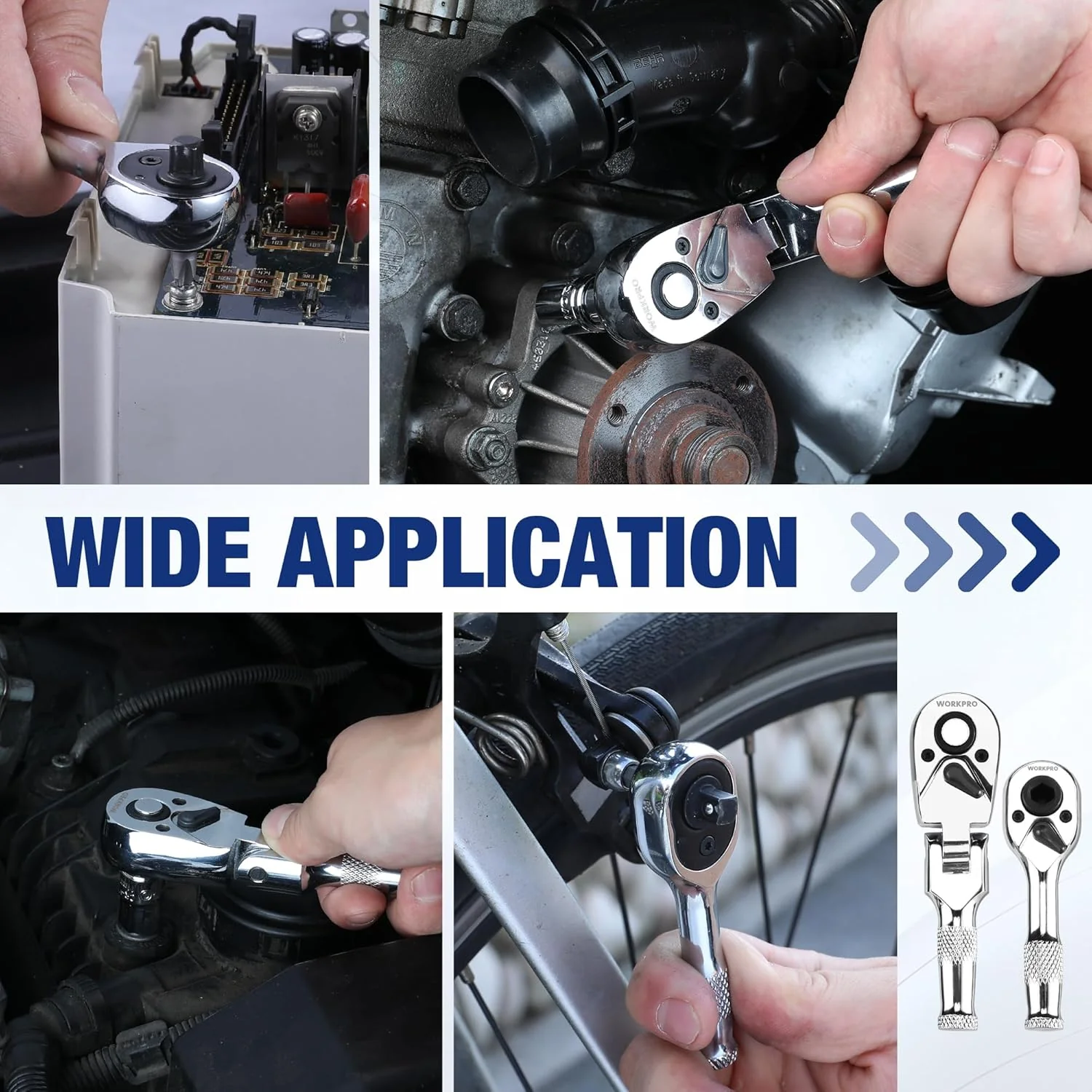 WORKPRO Flex Head Stubby Ratchet & Bit Driver Set 16 PCS, 1/4", 3/8" Drive Ratchet Handle Wrench, 72-T Quick-Release Reversible Socket Wrench, 2 Socket Adapters, 2 Extension Bars, 10 PCS 1/4" Hex Bits - Image 7