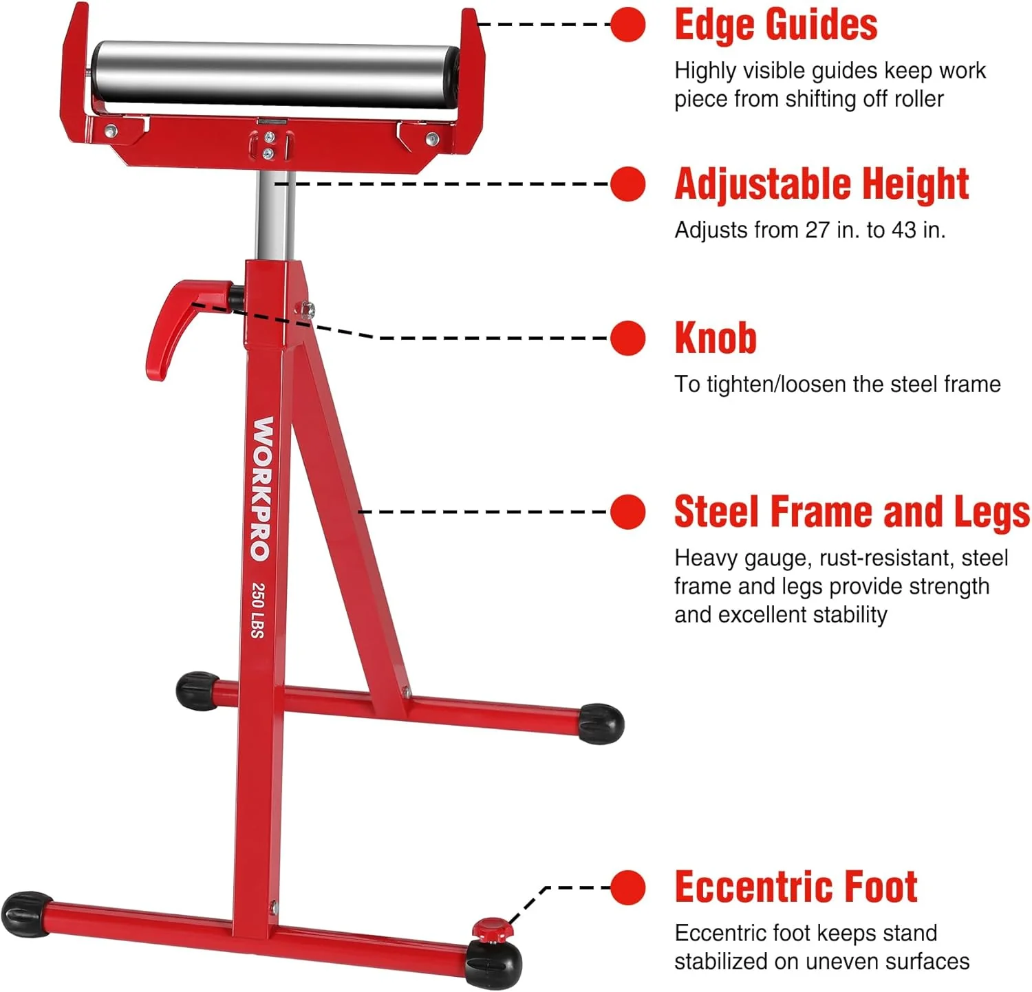 WORKPRO Folding Roller Stand Height Adjustable, Heavy Duty 250 LB Load Capacity, Outfeed Woodworking (Upgraded head) - Image 2