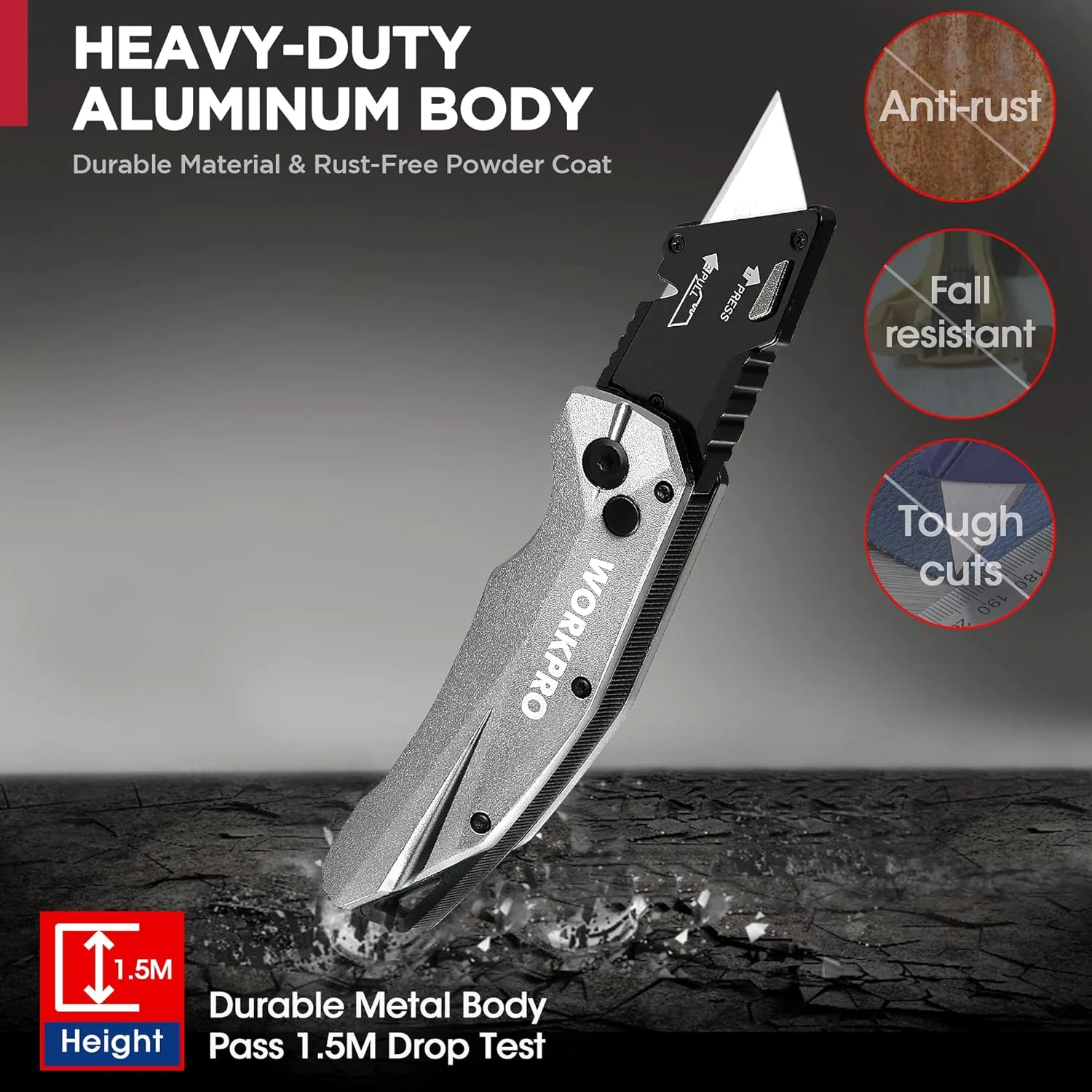 WORKPRO Folding Utility Knife, Heavy Duty Metal, Quick Open Botton Lock Box Cutter, Quick Change Blade Razor Knife, 1PC with 10 Extra SK5 Blades - Image 7