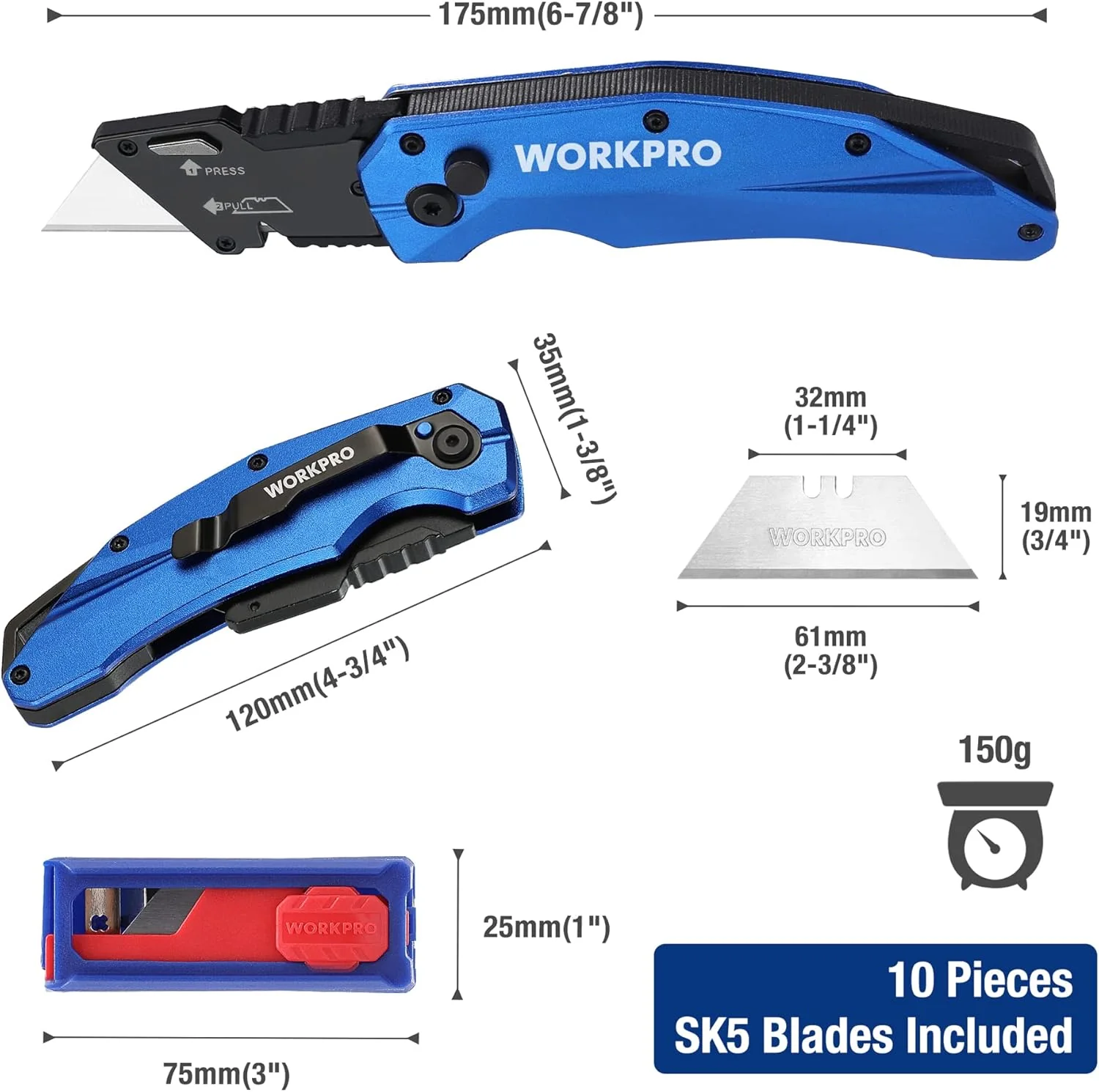 WORKPRO Folding Utility Knife, Heavy Duty Metal, Quick Open Botton Lock Box Cutter, Quick Change Blade Razor Knife, 1PC with 10 Extra SK5 Blades - Image 2