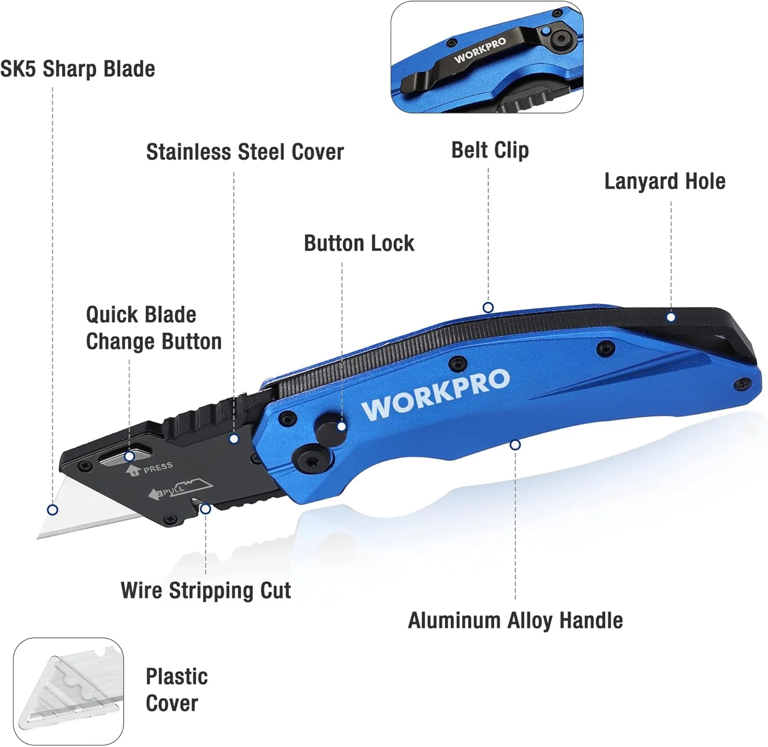 WORKPRO Folding Utility Knife, Heavy Duty Metal, Quick Open Botton Lock Box Cutter, Quick Change Blade Razor Knife, 1PC with 10 Extra SK5 Blades - Image 3