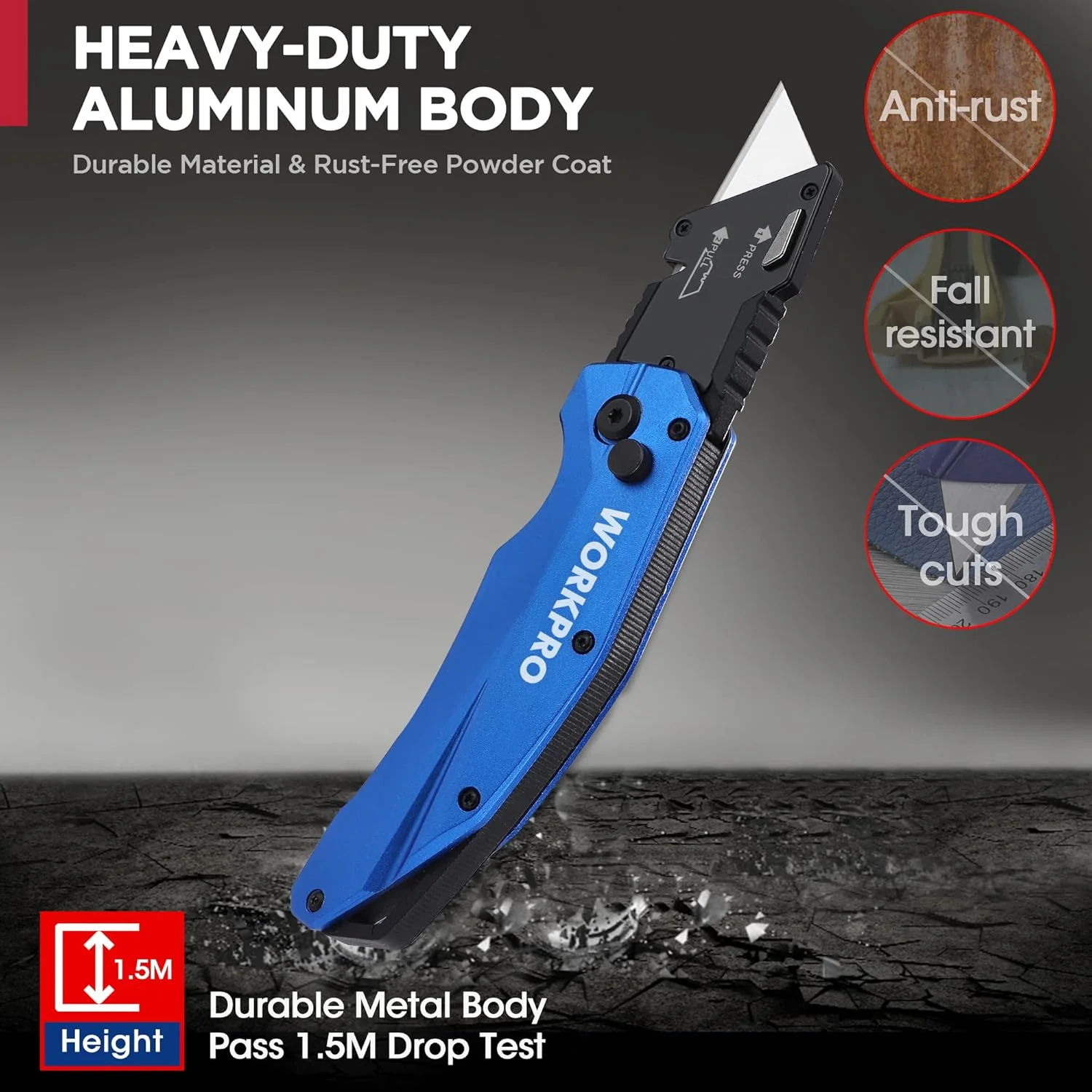 WORKPRO Folding Utility Knife, Heavy Duty Metal, Quick Open Botton Lock Box Cutter, Quick Change Blade Razor Knife, 1PC with 10 Extra SK5 Blades - Image 6