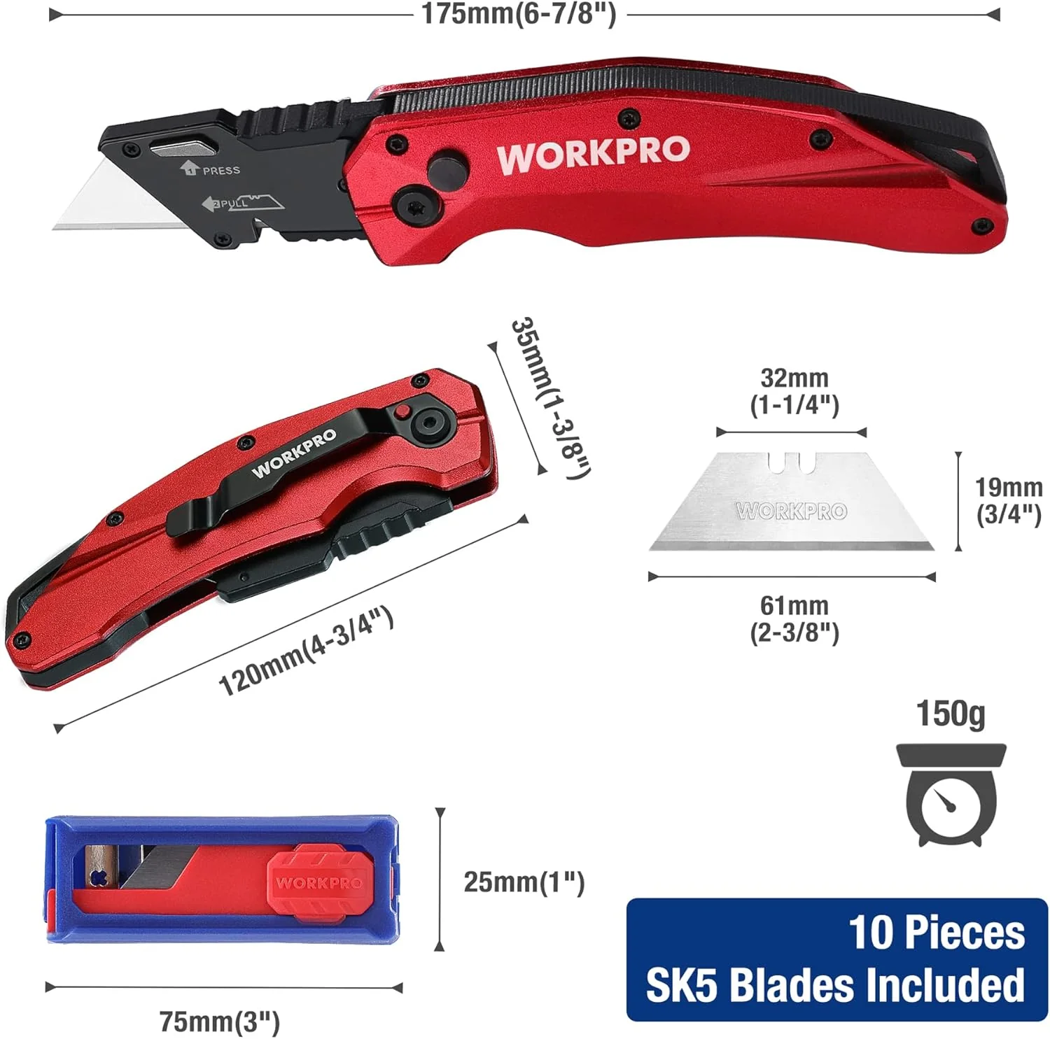 WORKPRO Folding Utility Knife, Heavy Duty Metal, Quick Open Botton Lock Box Cutter, Quick Change Blade Razor Knife, 1PC with 10 Extra SK5 Blades - Image 2