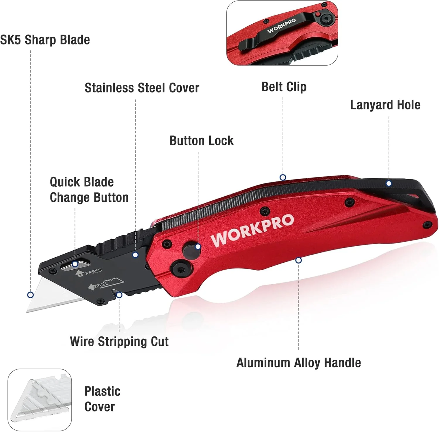 WORKPRO Folding Utility Knife, Heavy Duty Metal, Quick Open Botton Lock Box Cutter, Quick Change Blade Razor Knife, 1PC with 10 Extra SK5 Blades - Image 3