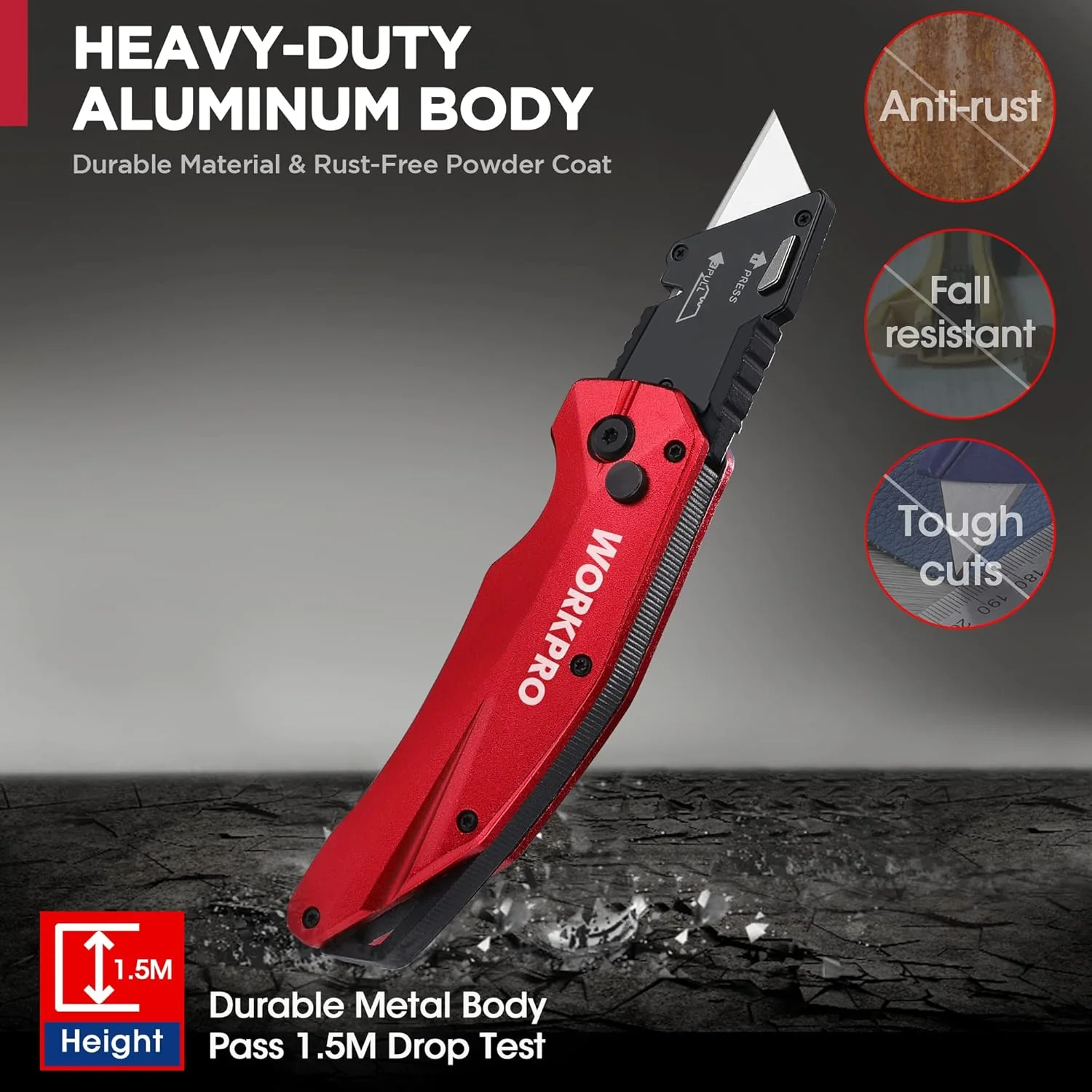 WORKPRO Folding Utility Knife, Heavy Duty Metal, Quick Open Botton Lock Box Cutter, Quick Change Blade Razor Knife, 1PC with 10 Extra SK5 Blades - Image 6