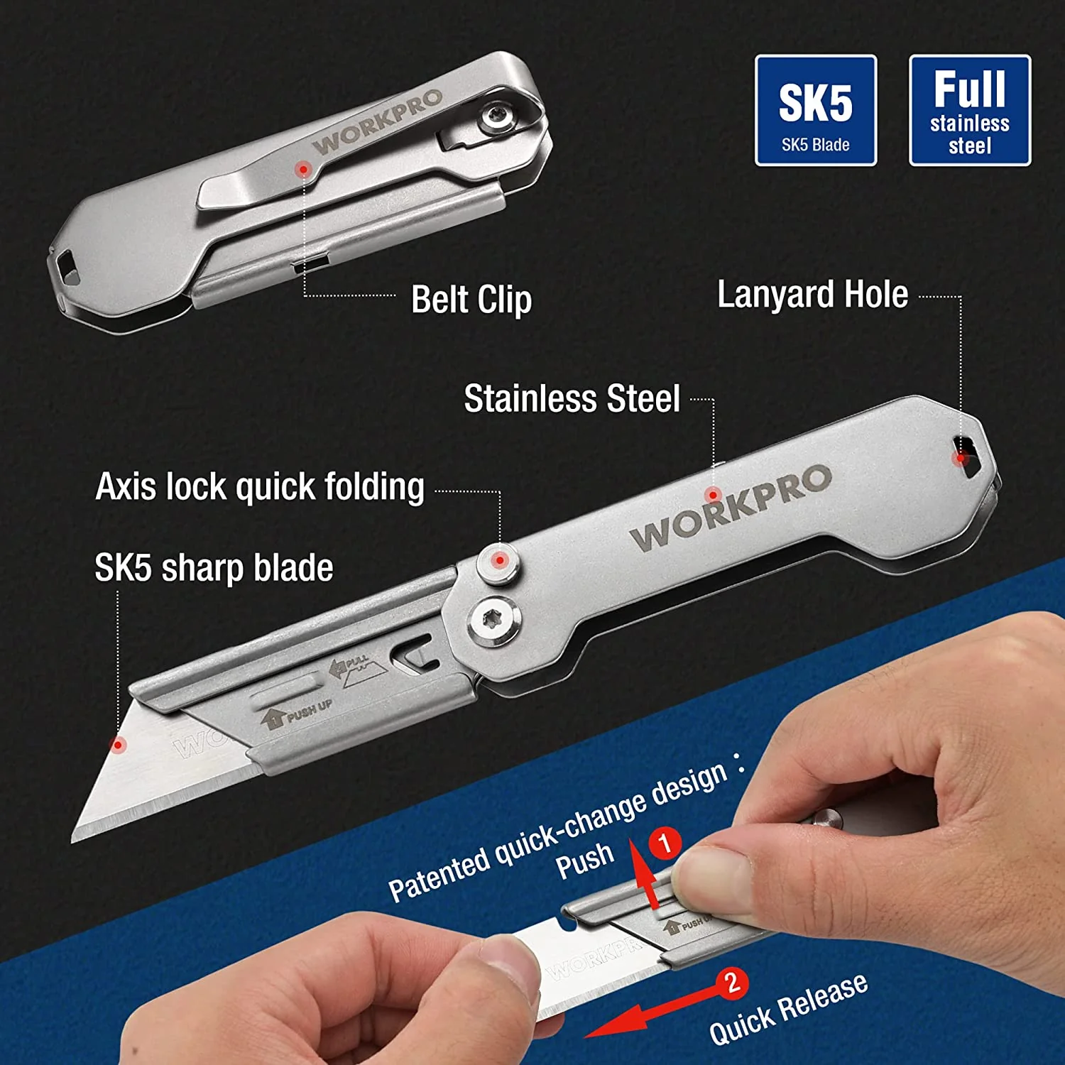WORKPRO 3 PCS Folding Utility Knife Sets Quick Change Blades Box Cutter - Image 4