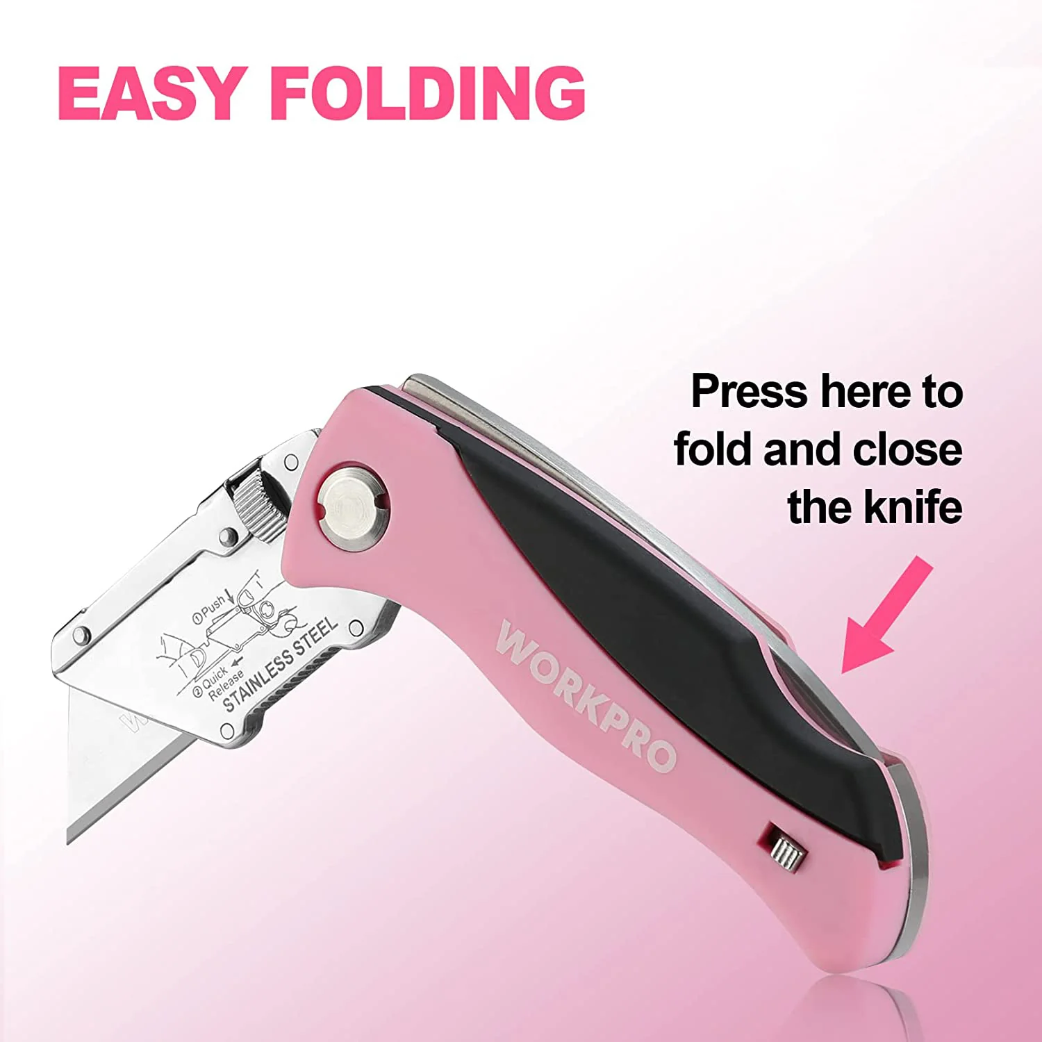 WORKPRO Folding Utility Knife, Quick Change Box Cutter, Pink Razor Knife - Pink Ribbon - Image 3
