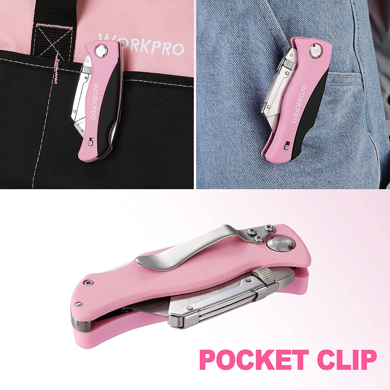WORKPRO Folding Utility Knife, Quick Change Box Cutter, Pink Razor Knife - Pink Ribbon - Image 5