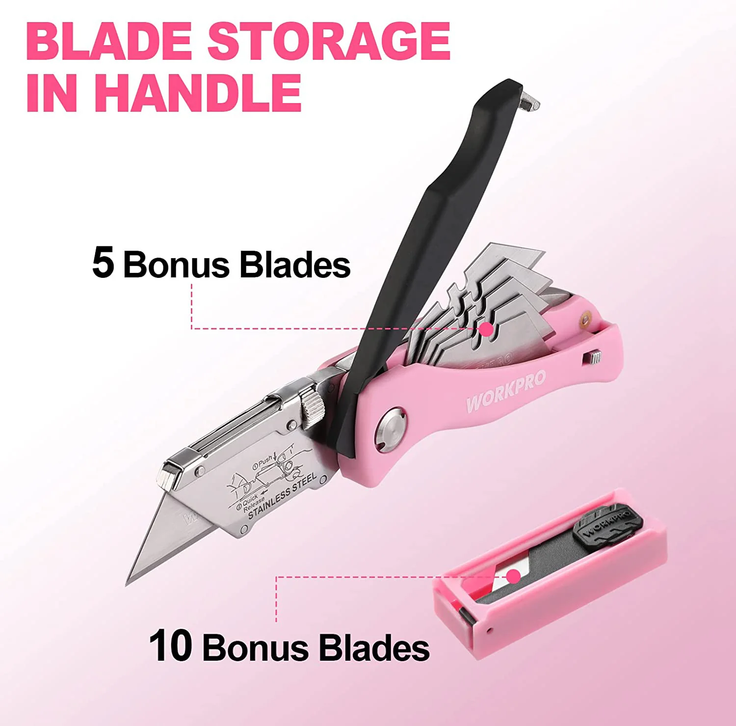 WORKPRO Folding Utility Knife, Quick Change Box Cutter, Pink Razor Knife - Pink Ribbon - Image 7