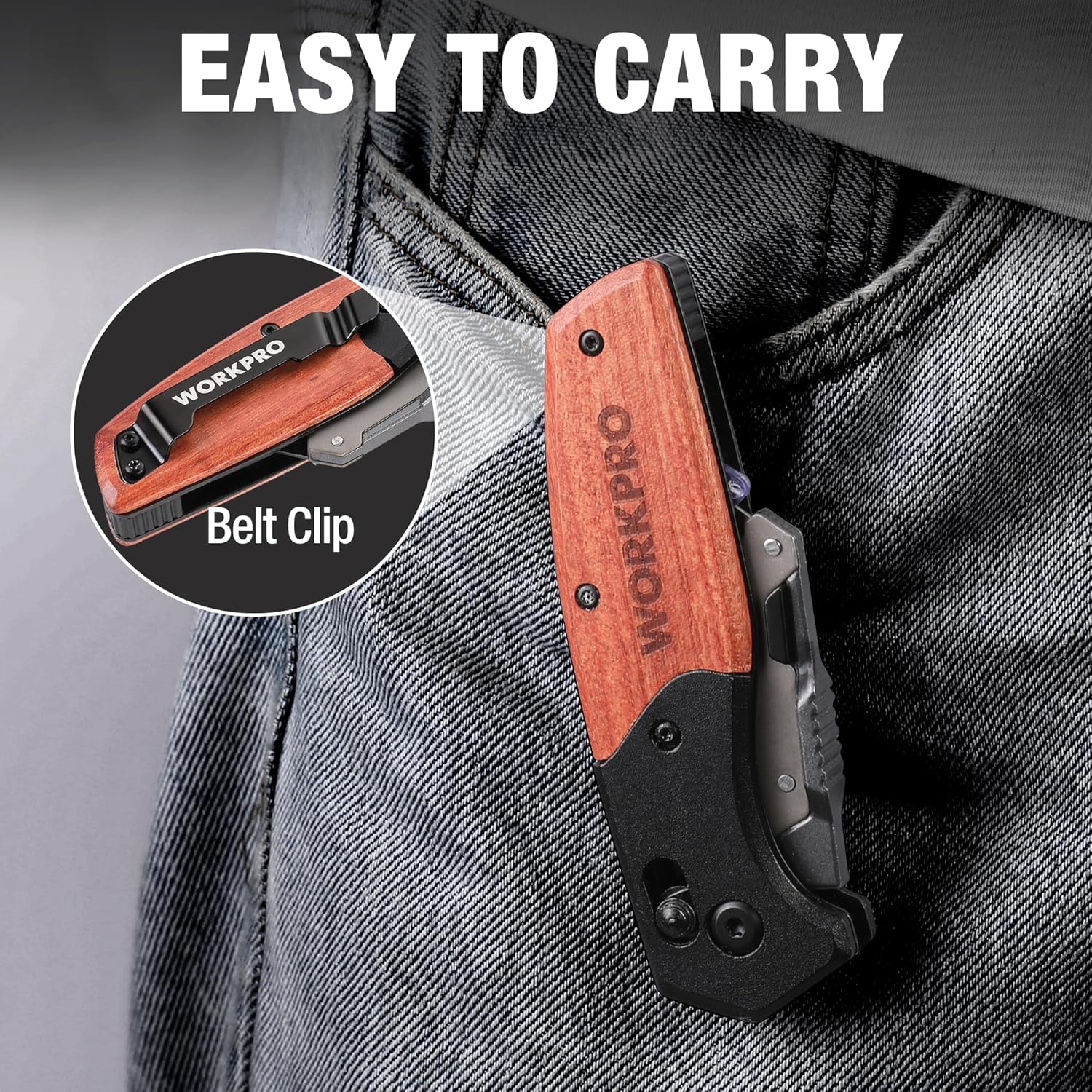 WORKPRO Folding Utility Knife, Razor Blade Knife with Axis Lock, Quick Change Box Cutter, EDC Wood Handle Foldable Pocket Cutter, Extra 10PC SK5 Blades Included - Image 4