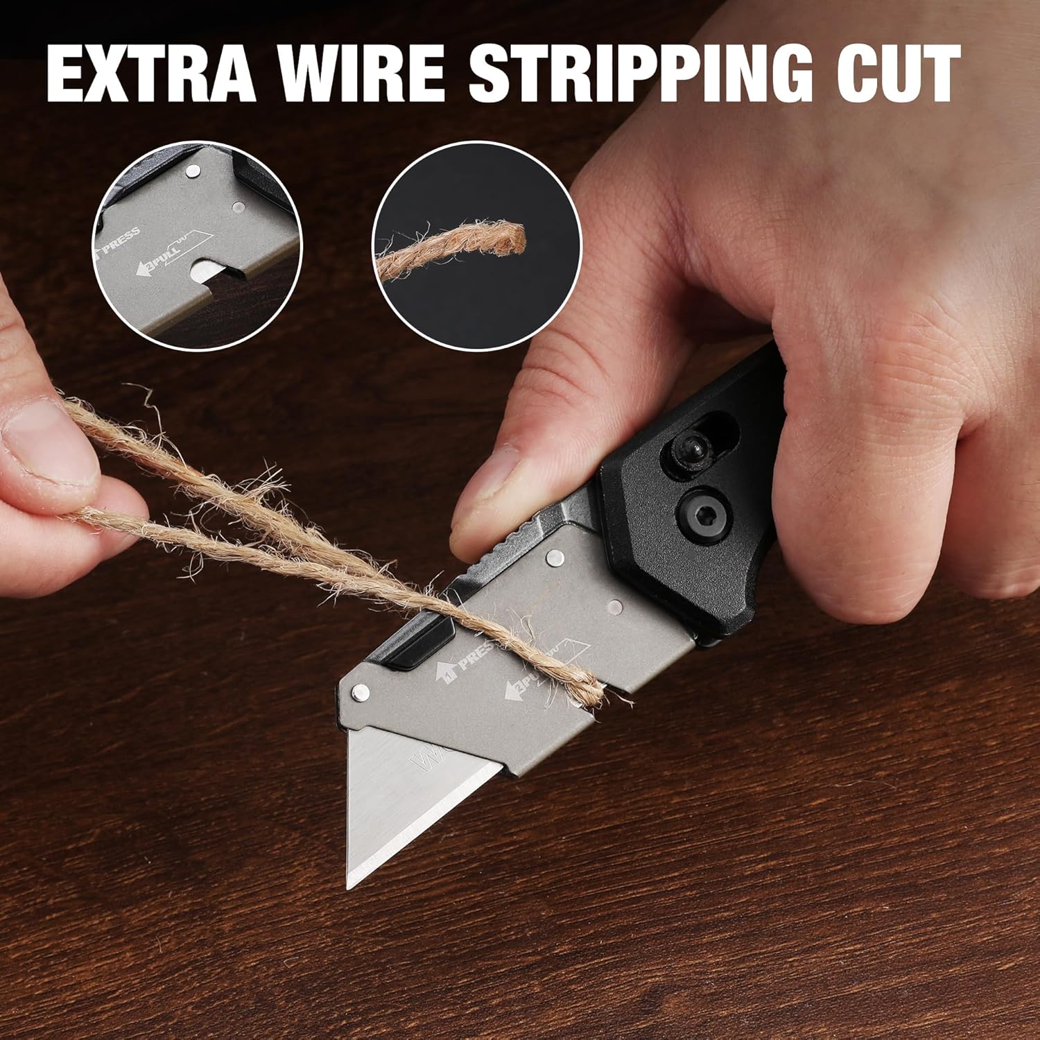 WORKPRO Folding Utility Knife, Razor Blade Knife with Axis Lock, Quick Change Box Cutter, EDC Wood Handle Foldable Pocket Cutter, Extra 10PC SK5 Blades Included - Image 5