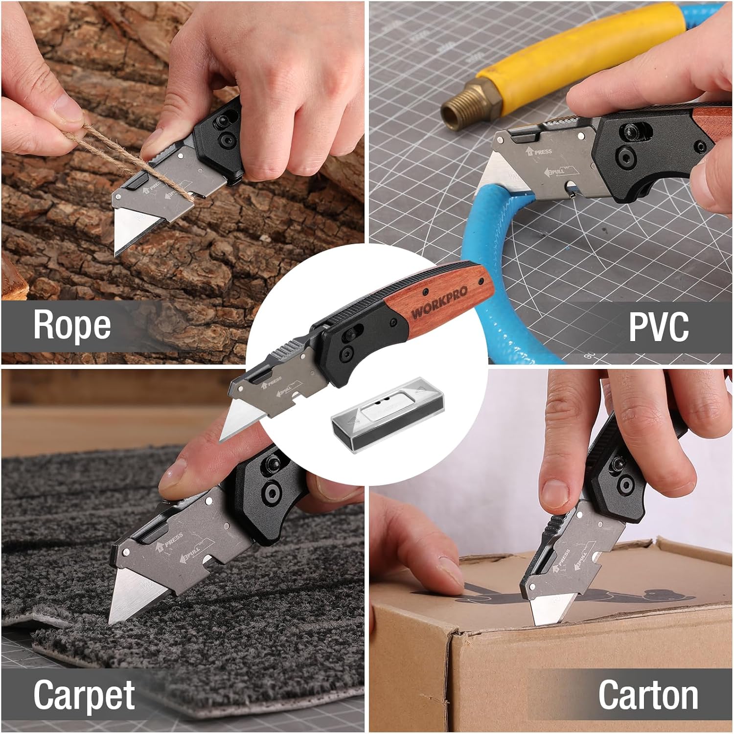 WORKPRO Folding Utility Knife, Razor Blade Knife with Axis Lock, Quick Change Box Cutter, EDC Wood Handle Foldable Pocket Cutter, Extra 10PC SK5 Blades Included - Image 6