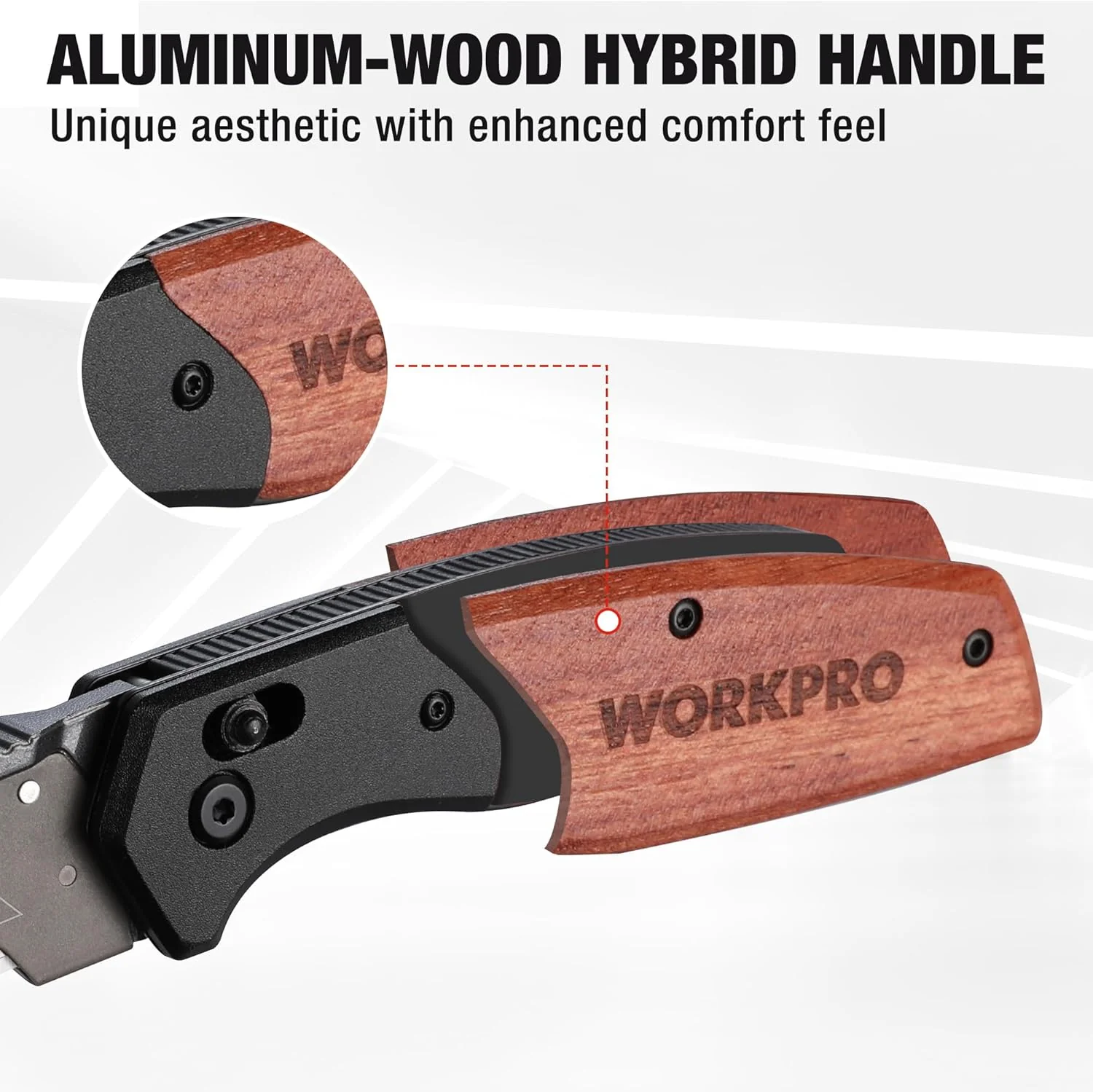 WORKPRO Folding Utility Knife, Razor Blade Knife with Axis Lock, Quick Change Box Cutter, EDC Wood Handle Foldable Pocket Cutter, Extra 10PC SK5 Blades Included - Image 7