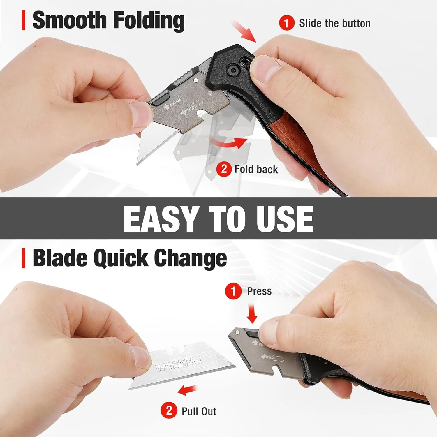 WORKPRO Folding Utility Knife, Razor Blade Knife with Axis Lock, Quick Change Box Cutter, EDC Wood Handle Foldable Pocket Cutter, Extra 10PC SK5 Blades Included - Image 8