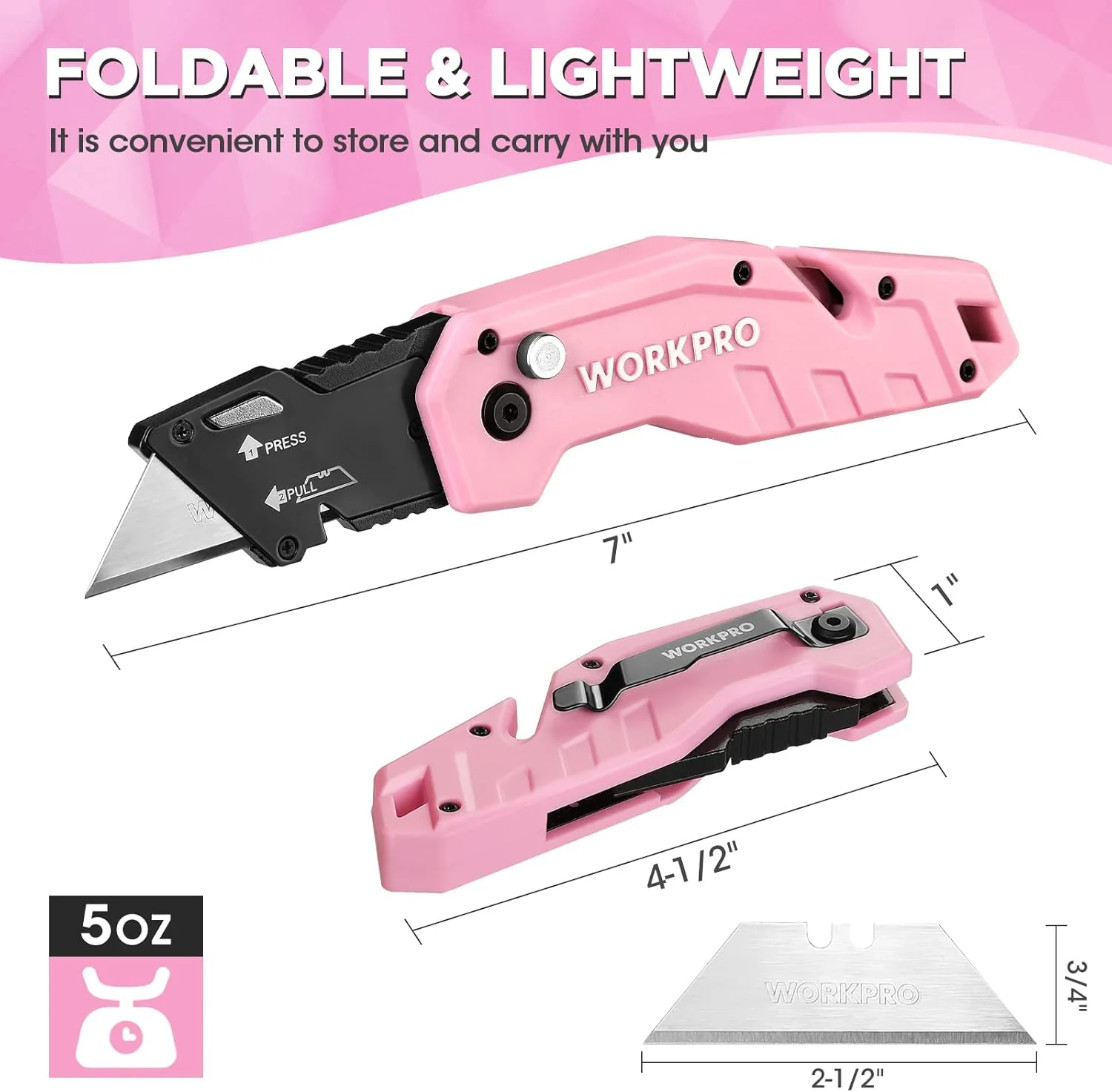 WORKPRO Folding Utility Knife with 10 Extra Blades - Pink Ribbon - Image 2