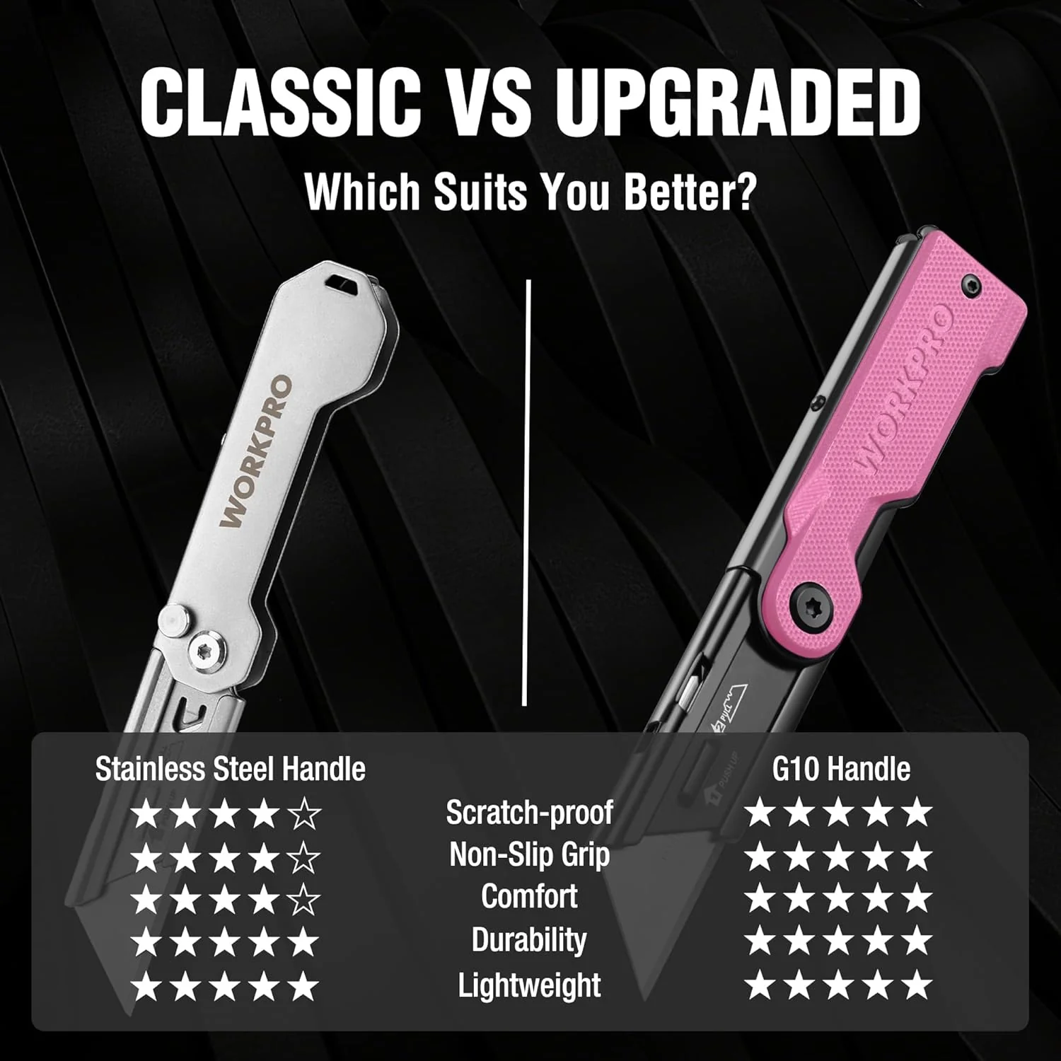 WORKPRO Folding Utility Knife with 10 Extra SK5 Blades, EDC Razor Sharp Knife with G10 Handle, Quick Change Box Cutter with Belt Clip, for Heavy Duty, DIY, Home, Office & Artcraft Use - Pink - Image 3