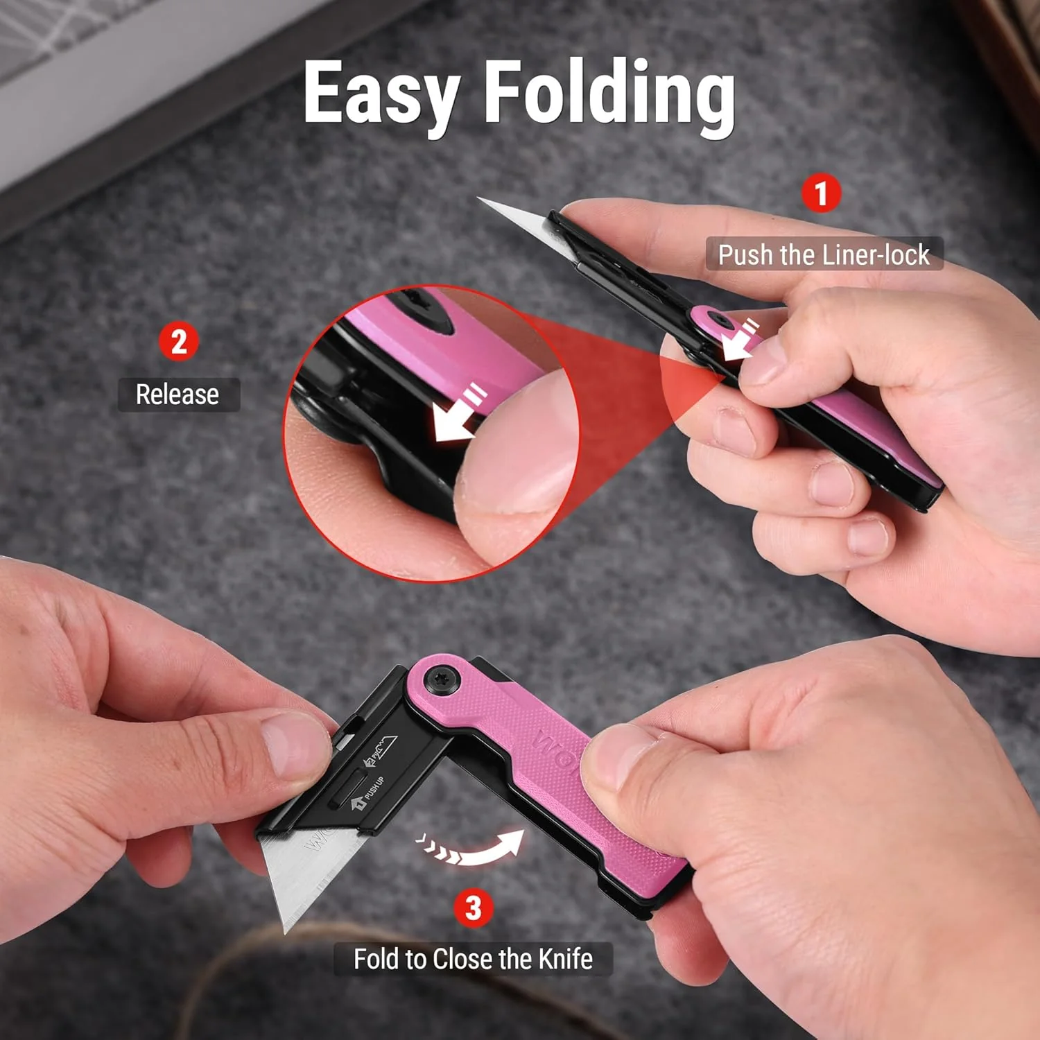 WORKPRO Folding Utility Knife with 10 Extra SK5 Blades, EDC Razor Sharp Knife with G10 Handle, Quick Change Box Cutter with Belt Clip, for Heavy Duty, DIY, Home, Office & Artcraft Use - Pink - Image 4