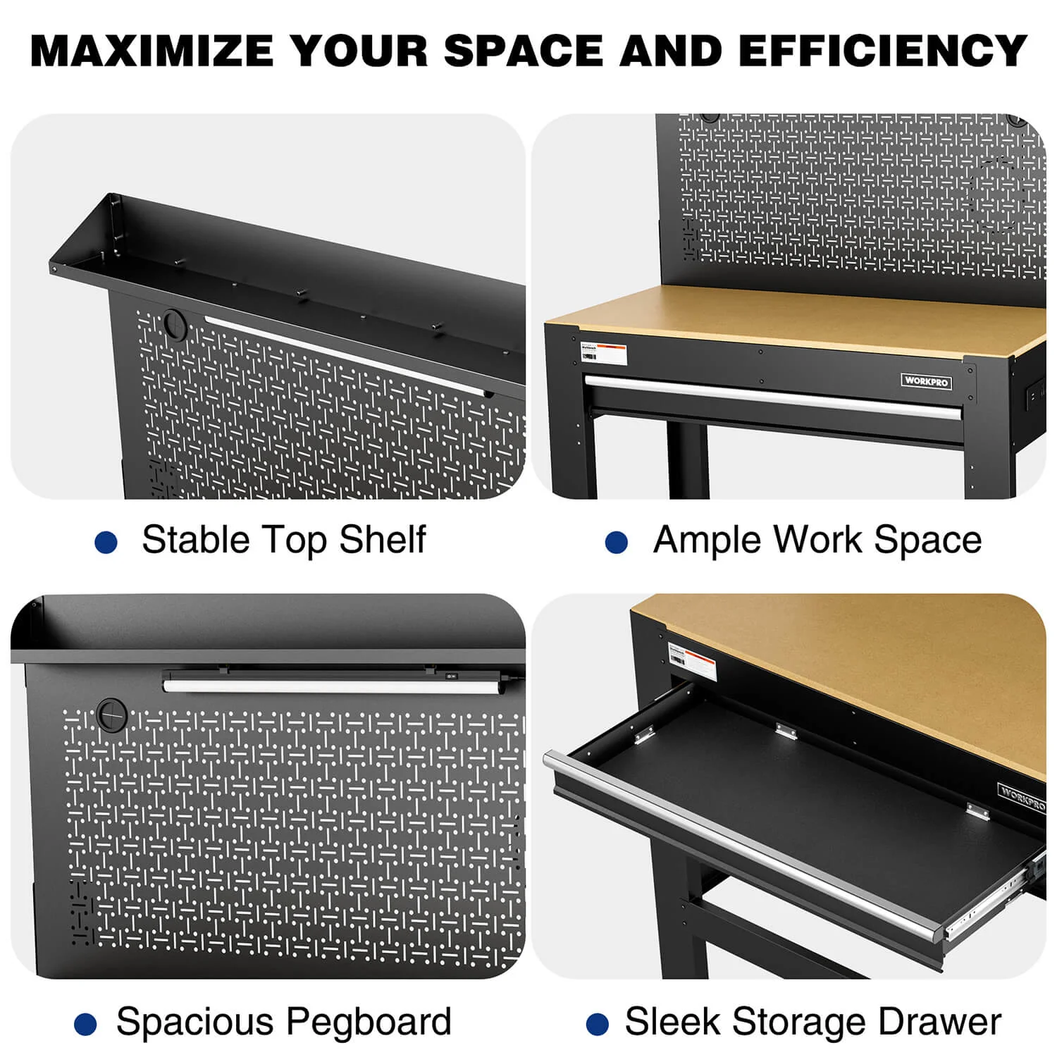 WORKPRO 45" Heavy-Duty Workbench, 800 LBS Capacity with Pegboard, Storage, Power Outlets & LED Light - Image 3