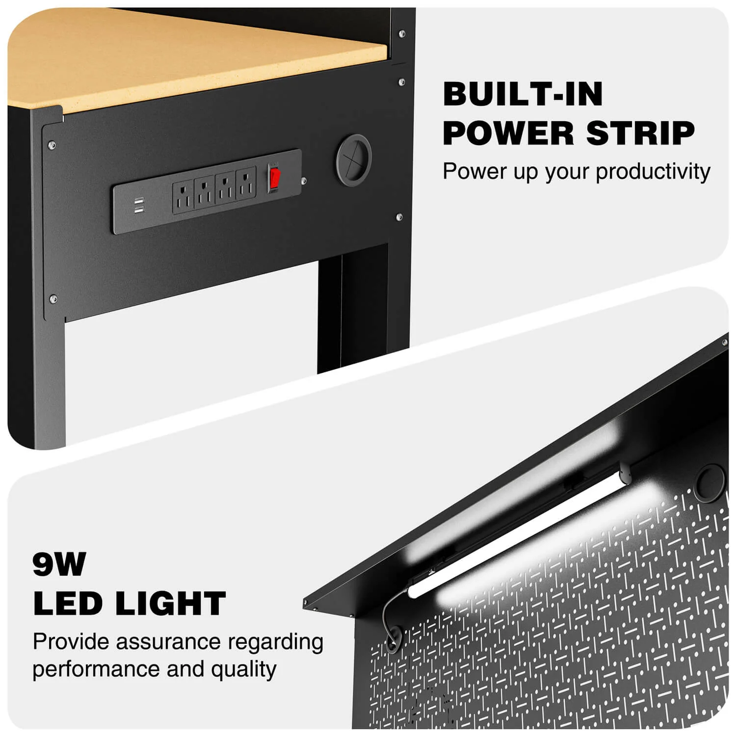 WORKPRO 45" Heavy-Duty Workbench, 800 LBS Capacity with Pegboard, Storage, Power Outlets & LED Light - Image 4