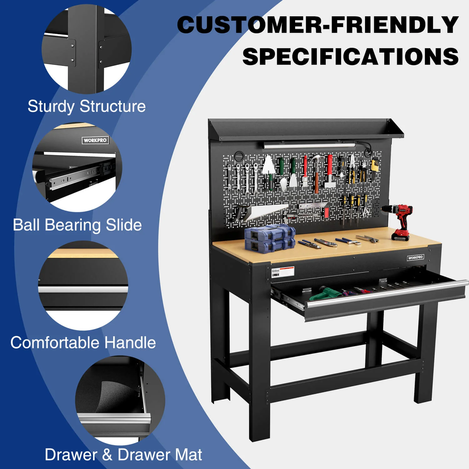 WORKPRO 45" Heavy-Duty Workbench, 800 LBS Capacity with Pegboard, Storage, Power Outlets & LED Light - Image 5