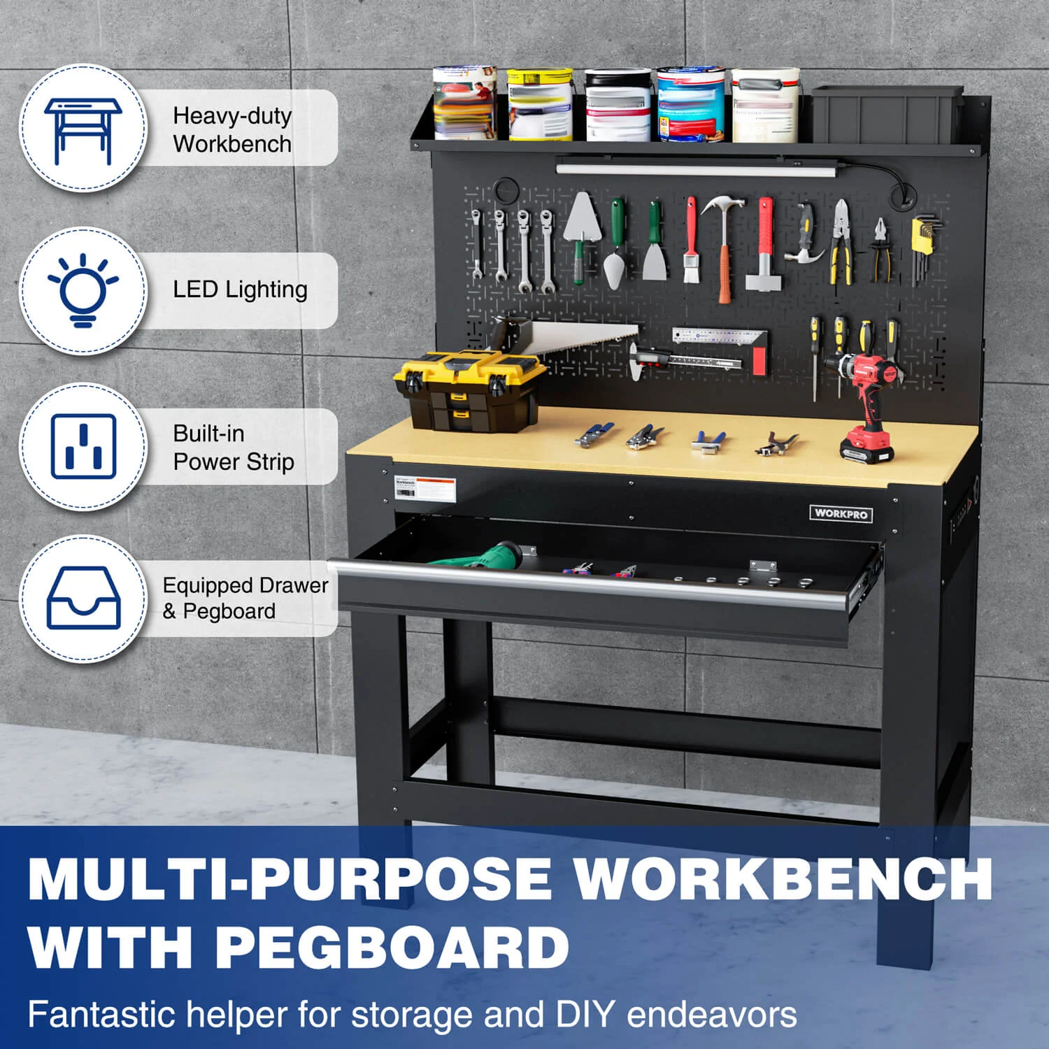 WORKPRO 45" Heavy-Duty Workbench, 800 LBS Capacity with Pegboard, Storage, Power Outlets & LED Light - Image 6