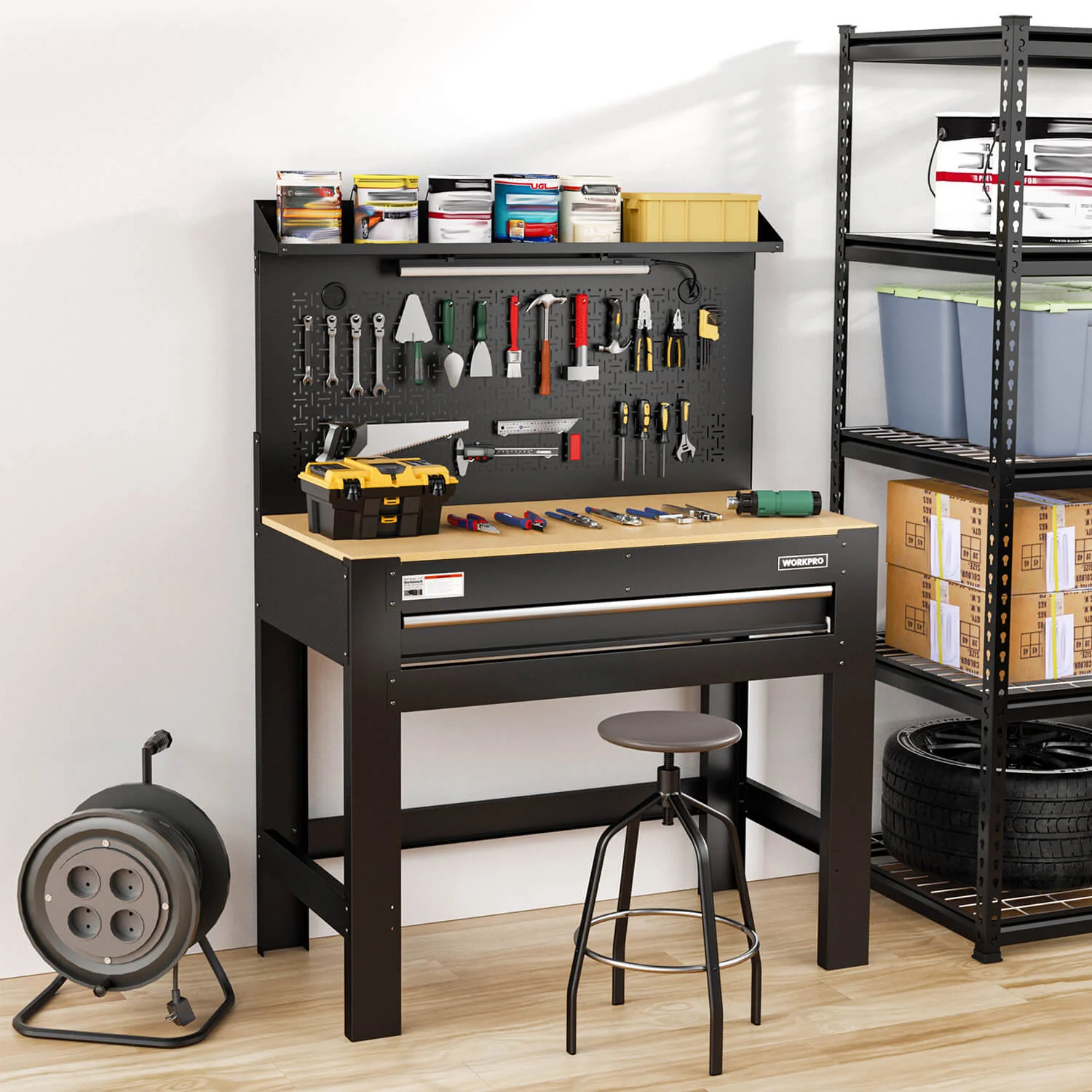 WORKPRO 45" Heavy-Duty Workbench, 800 LBS Capacity with Pegboard, Storage, Power Outlets & LED Light - Image 7