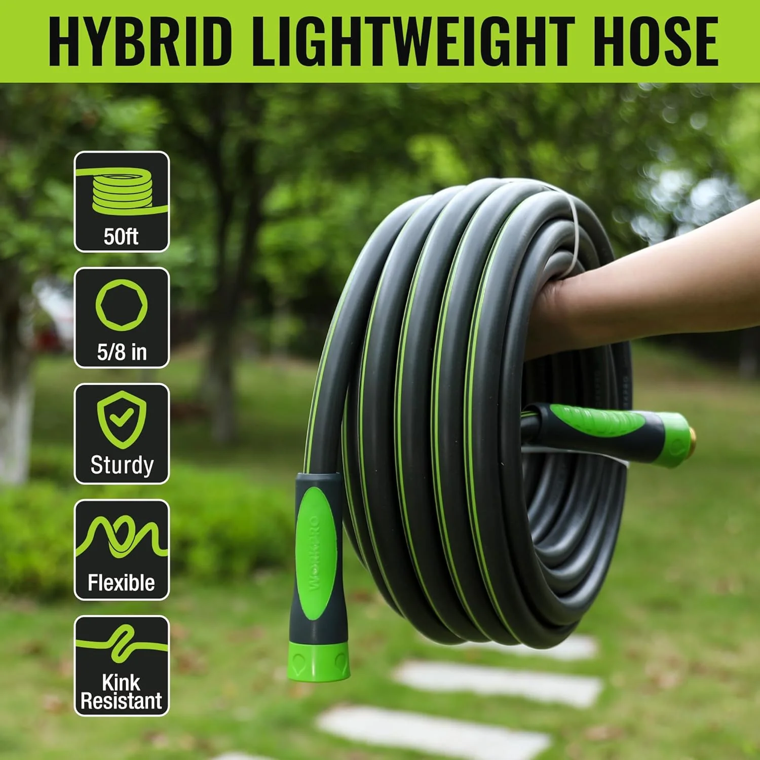 WORKPRO Garden Hose 5/8" x 50FT, Heavy Duty | Flexible & Lightweight, 360° Bi-Material Rotation Handle, 3/4" GHT Brass Fittings, for Lawn, Garden, Yard & Car Wash - Image 2