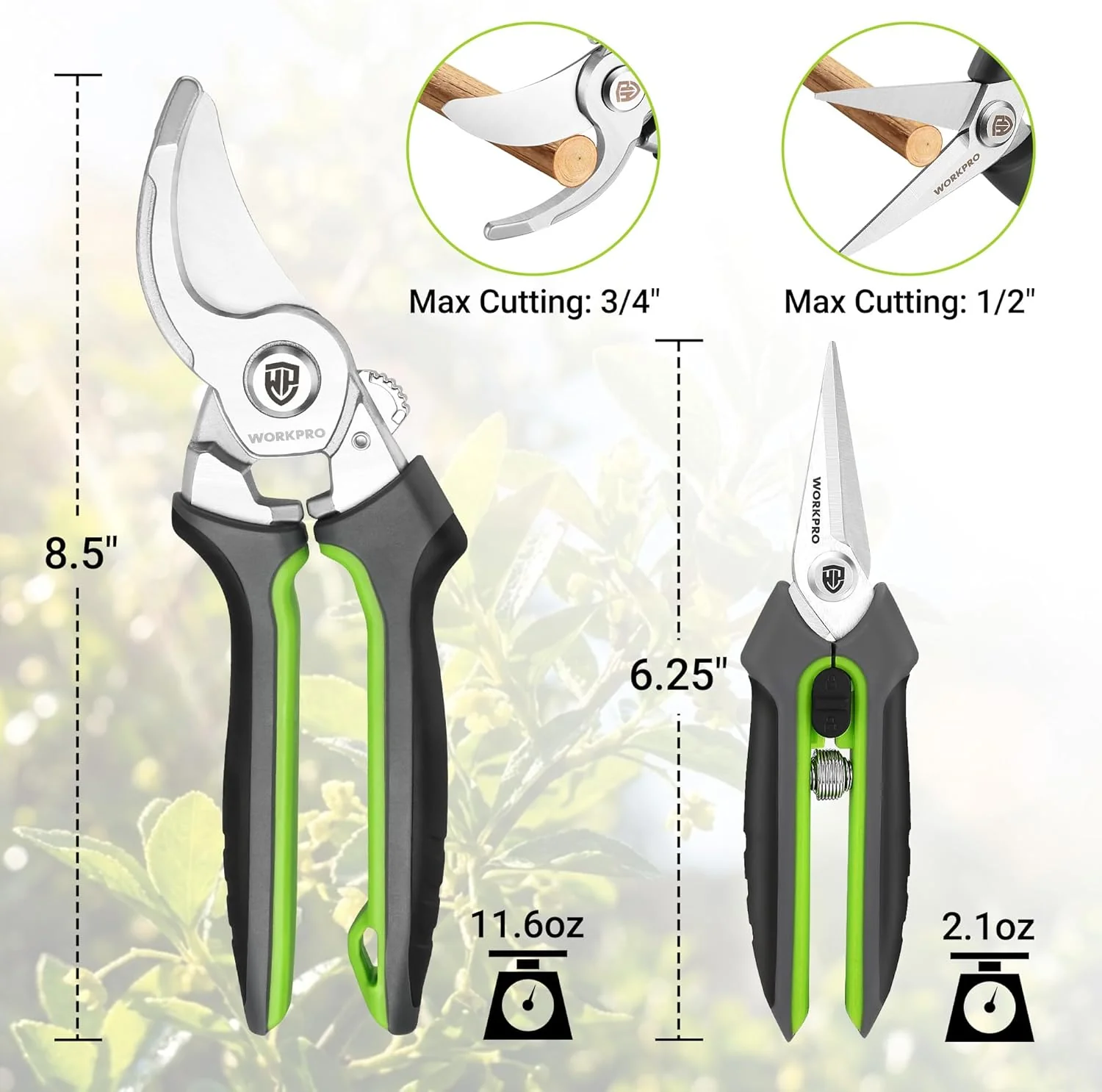 WORKPRO Garden Pruning Shears 2 Pack, 8.5" Bypass Pruning Shears and 6.25" Straight Garden Flower cissors, Garden Clippers Hand Tools for Cutting Flowers, Trimming Plants, Picking Fruits - Image 4