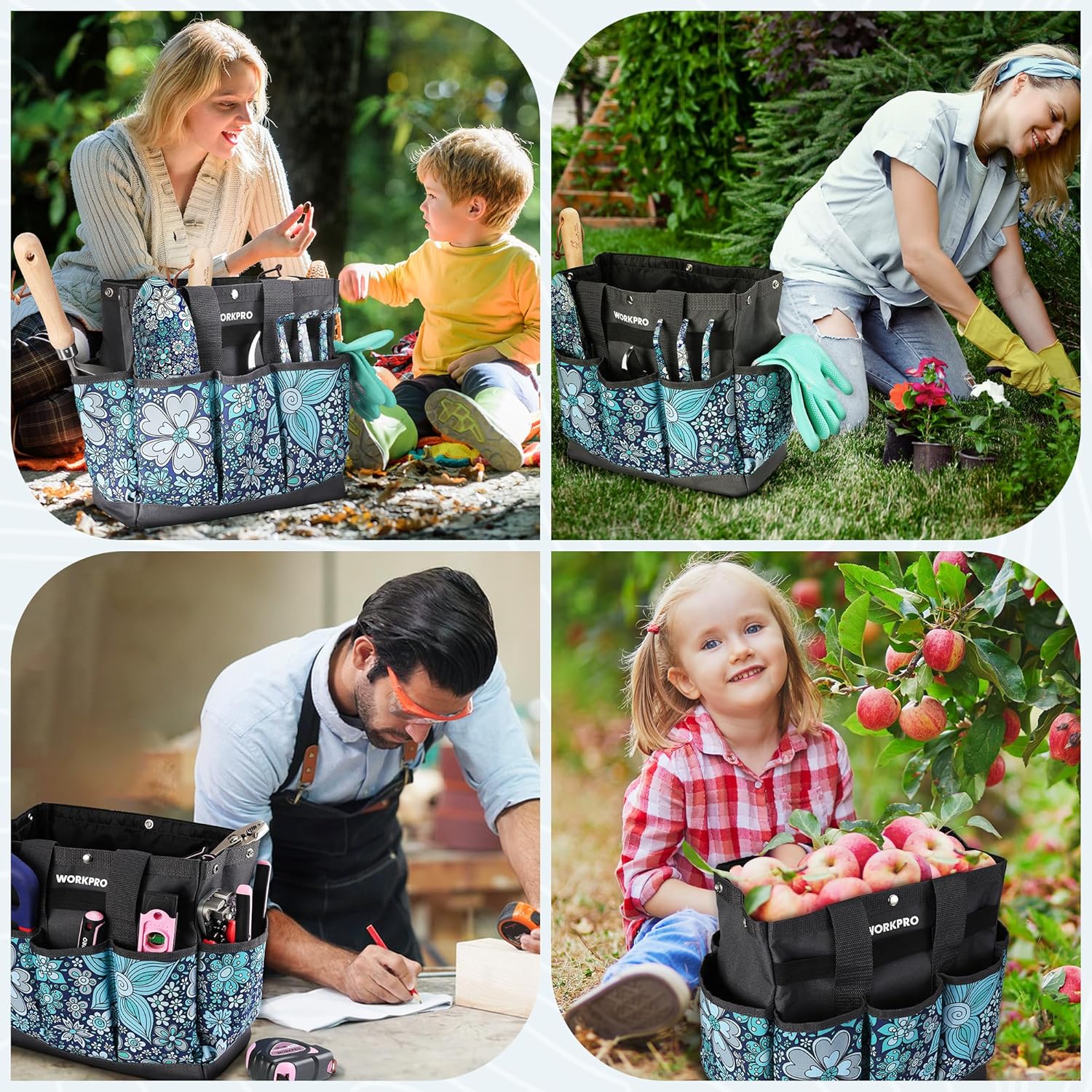 WORKPRO Garden Tool Bag, 9 Pockets Gardening Bag, Heavy Duty Oxford Garden Tote Caddy (Tools NOT Included), 12" x 12" x 6" (Floral Blue) - Image 2