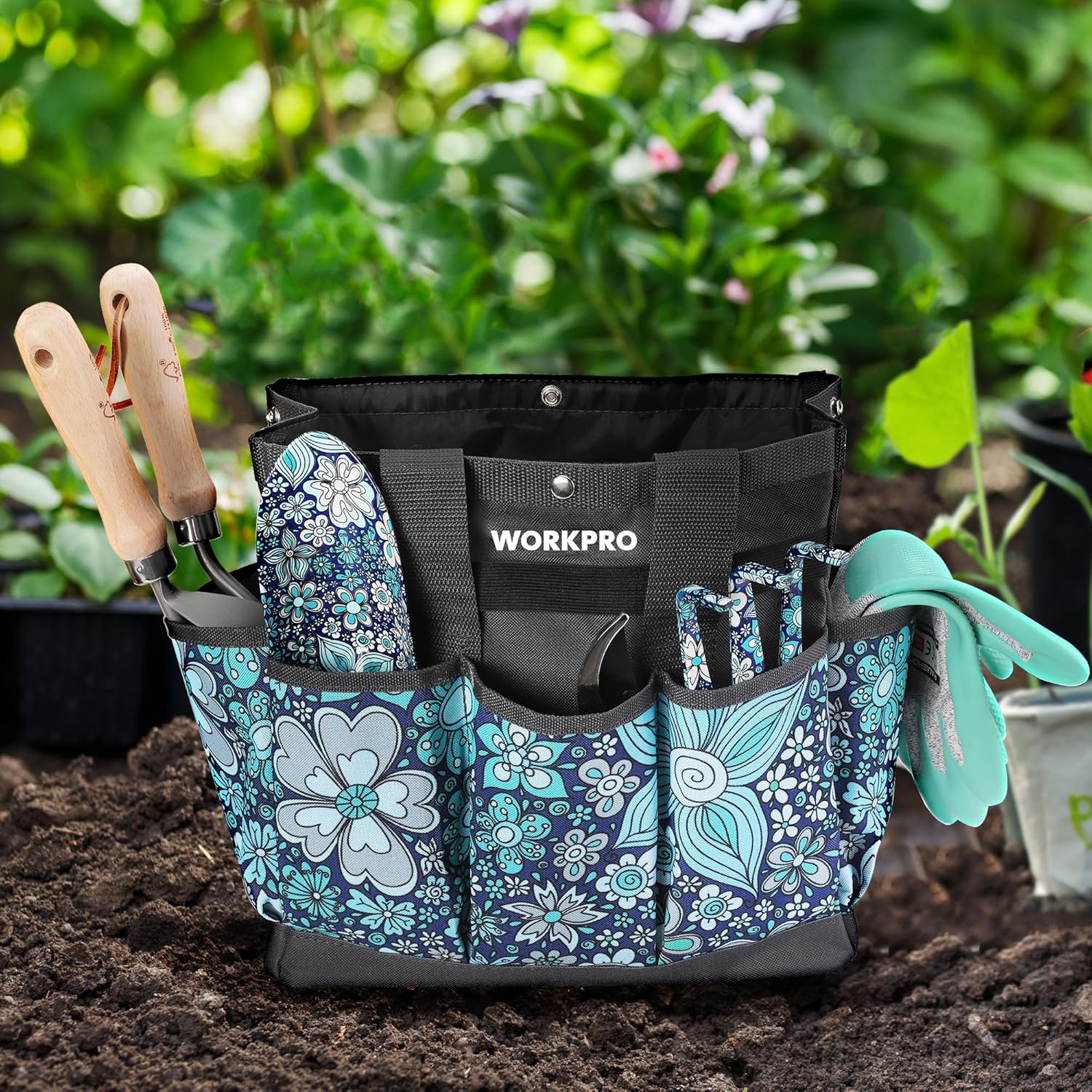 WORKPRO Garden Tool Bag, 9 Pockets Gardening Bag, Heavy Duty Oxford Garden Tote Caddy (Tools NOT Included), 12" x 12" x 6" (Floral Blue) - Image 3