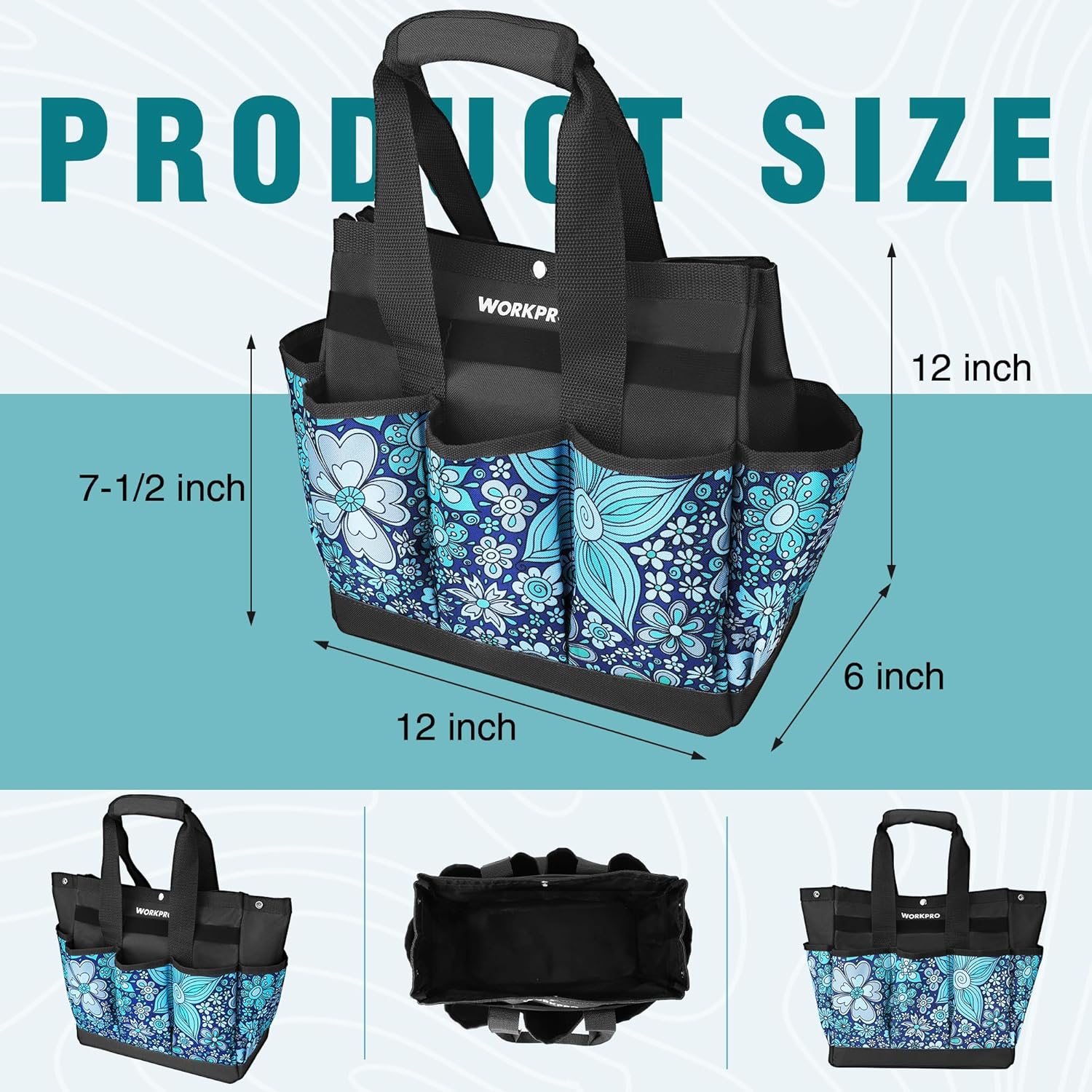 WORKPRO Garden Tool Bag, 9 Pockets Gardening Bag, Heavy Duty Oxford Garden Tote Caddy (Tools NOT Included), 12" x 12" x 6" (Floral Blue) - Image 4